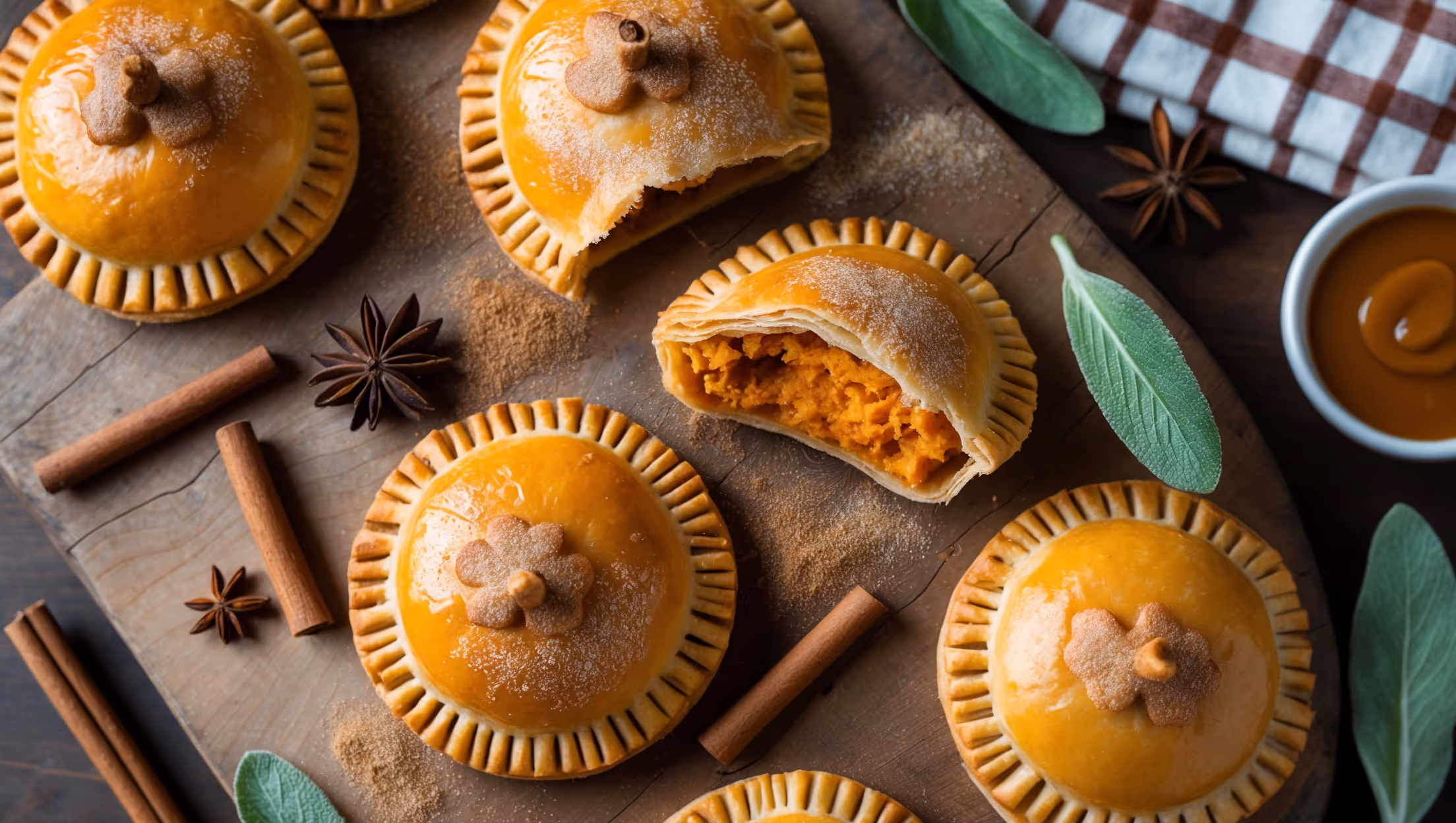 An overhead shot of golden-brown pumpkin hand pies arranged on a rustic wooden serving board, with one pie broken open to reveal the vibrant orange spiced pumpkin filling oozing slightly. Captured in soft natural light highlighting the flaky pastry layers and sugary crusts that glisten with a light egg wash shine. A light dusting of cinnamon sugar creates a sparkling effect on top, while scattered cinnamon sticks, star anise, and fresh sage leaves frame the composition. In the background, a checkered tea towel adds homey warmth while a small bowl of caramel dipping sauce sits nearby, inviting indulgence.