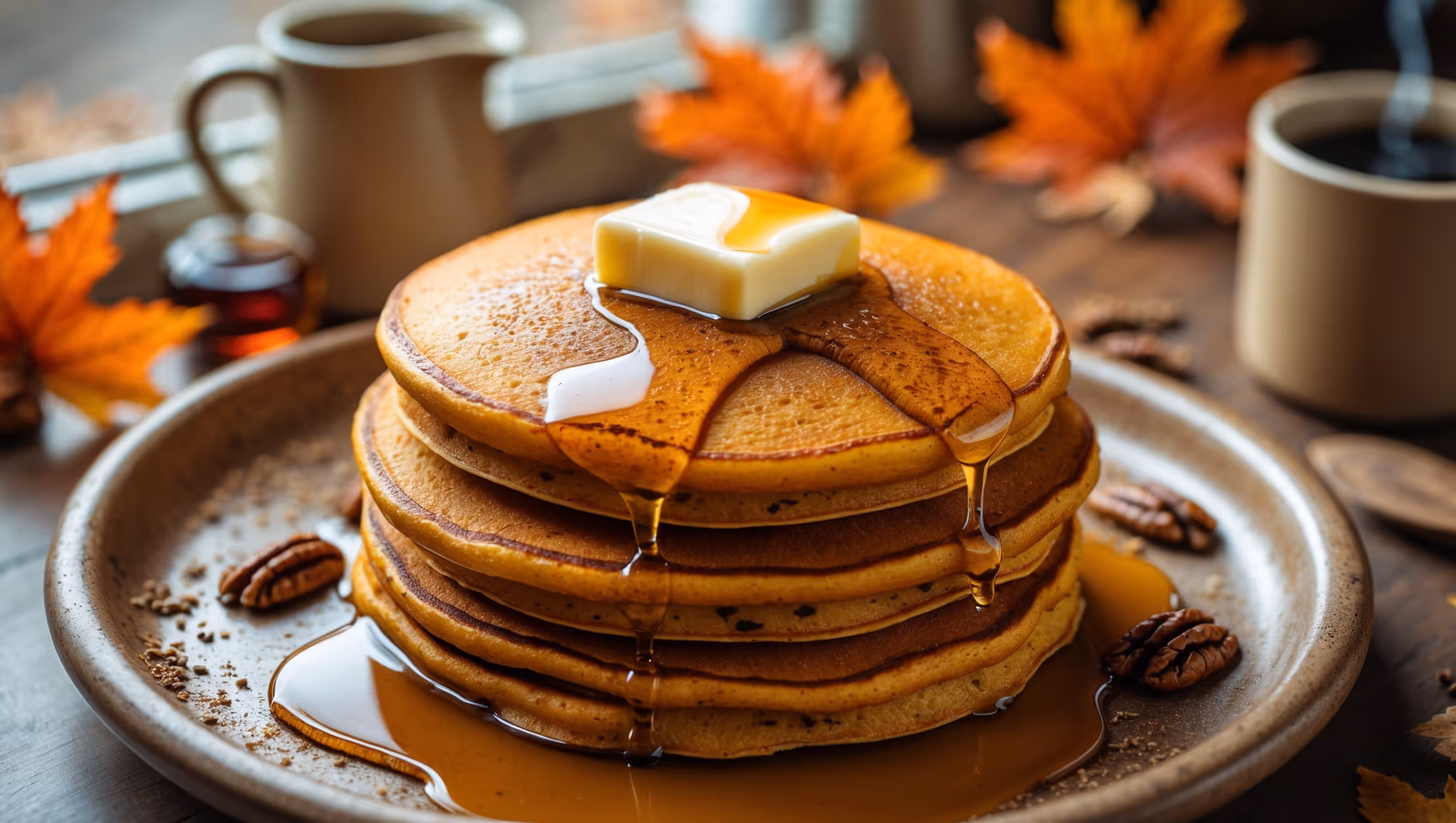 An overhead shot of a stack of golden-orange pumpkin pancakes on a rustic ceramic plate, with maple syrup cascading down the sides and pooling on the plate. The pancakes are photographed in soft morning light streaming through a window, highlighting their fluffy texture and specks of warm spices. A pat of melting butter crowns the stack, while a sprinkle of cinnamon and a few toasted pecans add texture around the plate. In the background, a small pitcher of maple syrup, a mug of steaming coffee, and autumn leaves create a cozy seasonal setting that emphasizes the pancakes' warm, comforting appeal.