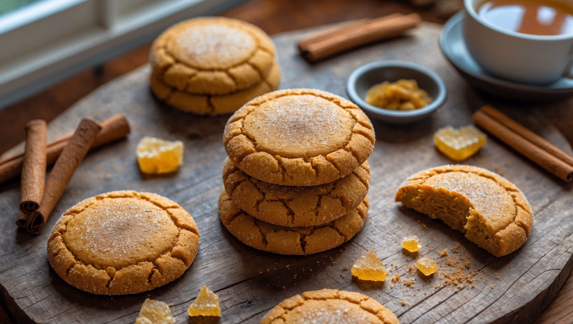 An overhead shot of perfectly round pumpkin ginger cookies arranged on a rustic wooden serving board, with a stack of three cookies in the foreground showcasing their crackly sugar tops and soft interior. Soft natural light filters through a nearby window, highlighting the amber-orange hue of the cookies and their slightly raised, crinkled surfaces. Surrounding the cookies are scattered cinnamon sticks, crystallized ginger pieces, and a small bowl of the sugar coating mixture. A cup of steaming tea sits at the edge of the frame, suggesting the perfect pairing for these autumn-spiced treats. The cookies' interior visible in the broken cookie reveals a tender, moist crumb with small flecks of fresh ginger throughout.