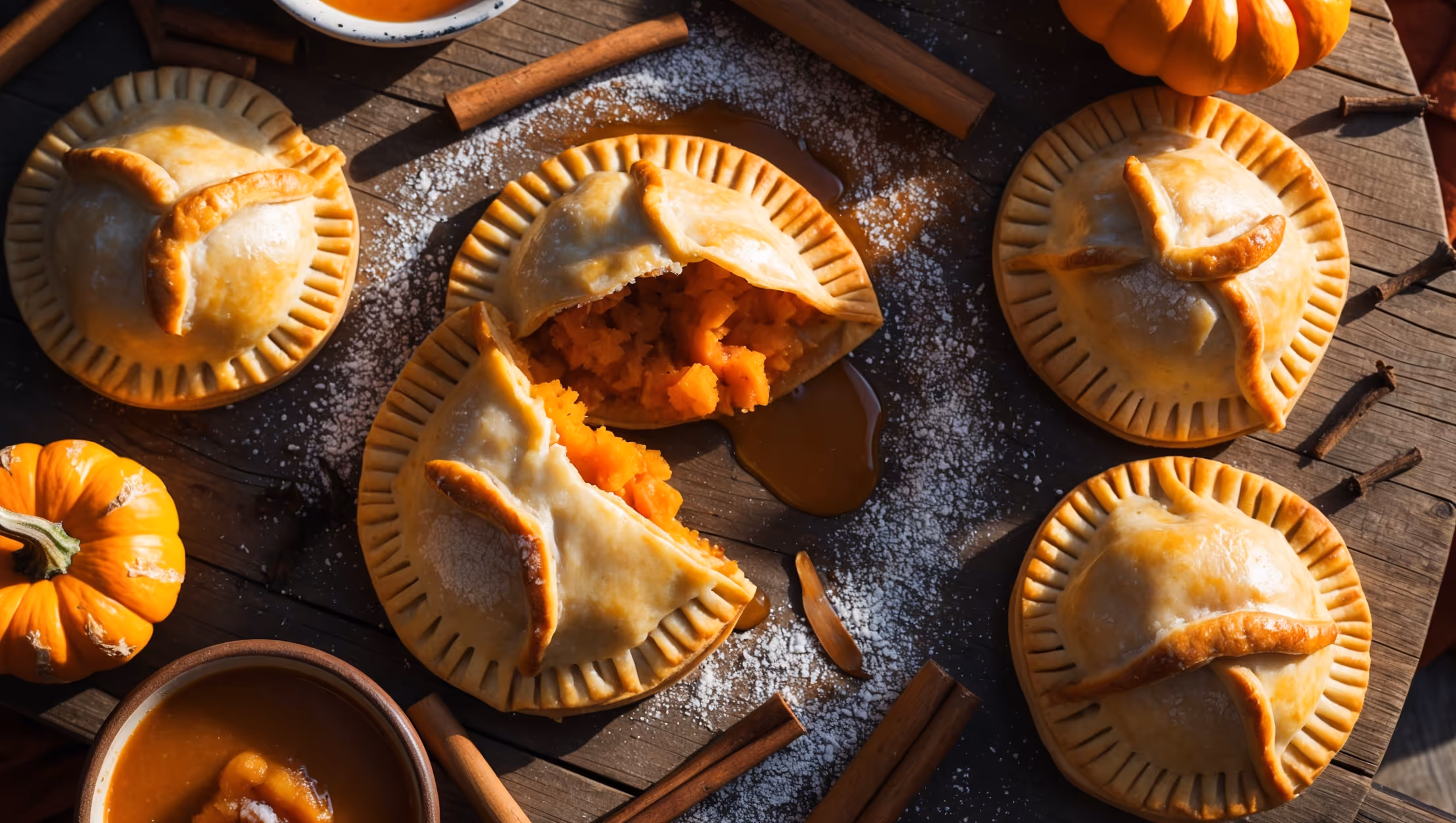 Overhead shot of golden-brown hand pies arranged on a rustic wooden board, with one broken open to reveal the vibrant orange pumpkin filling speckled with warm spices. The natural afternoon light highlights the flaky layers of pastry and the glossy cinnamon glaze drizzled across the tops. A small ceramic bowl of additional glaze sits nearby with a spoon resting against its edge. Scattered cinnamon sticks, whole cloves, and a few small pumpkins create an autumn scene around the board, while a dusting of powdered sugar catches the light on the hand pies' edges.