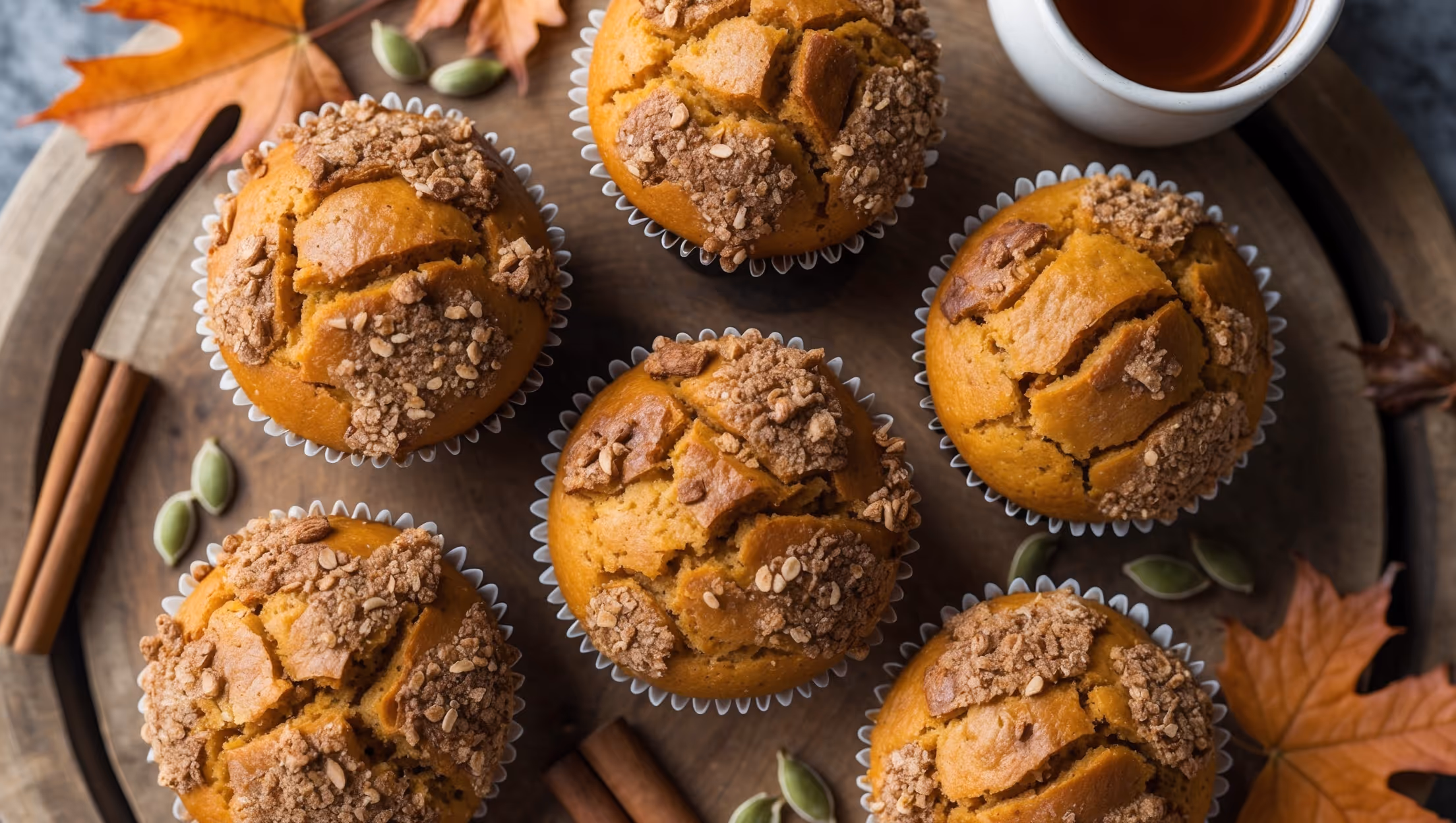 An overhead shot of golden-brown pumpkin spice muffins with crackled tops and cinnamon streusel, arranged on a rustic wooden board with fallen maple leaves as accents. The close-up reveals their moist, tender crumb with visible spice flecks throughout. Soft natural light creates gentle shadows that highlight the muffins' domed tops and textural contrast between the moist interior and crisp topping. A small pot of maple syrup sits nearby, along with scattered pumpkin seeds and cinnamon sticks, emphasizing the seasonal, warm flavor profile of these gluten-free, vegan treats.