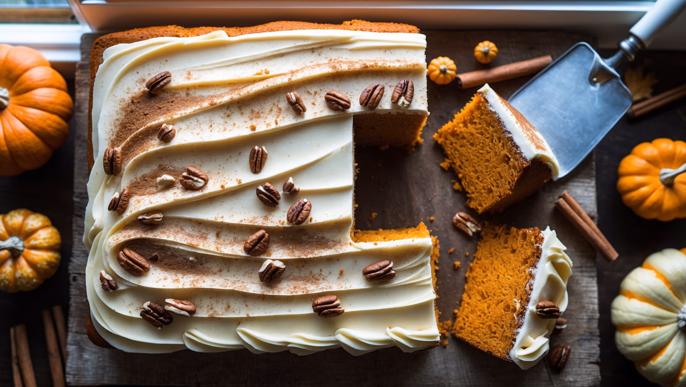 An overhead shot of a golden-brown pumpkin sheet cake with a smooth cream cheese frosting, captured in soft natural light streaming through a kitchen window. The frosting has elegant swirl patterns created with an offset spatula, and the cake is garnished with a delicate sprinkle of cinnamon and chopped pecans for texture contrast. A vintage cake server rests beside a freshly cut slice revealing the cake's moist, tender crumb and vibrant orange-hued interior. The cake sits on a rustic wooden board with small decorative gourds and cinnamon sticks arranged artfully around it, enhancing the cozy autumn aesthetic.