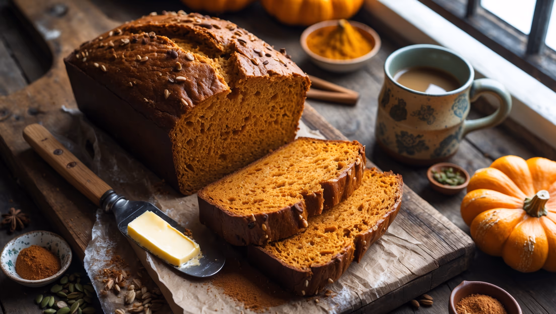 An overhead shot of a rustic sliced pumpkin whole wheat loaf on a weathered wooden board, with one thick slice propped against the loaf revealing its moist, amber-tinged crumb. Soft natural light streams in from a side window, highlighting the bread's textured crust and subtle orange hue. Small bowls of cinnamon, nutmeg, and pepitas are artfully scattered nearby, while a butter knife with a smear of melting butter rests beside a partially buttered slice. The scene is completed with a vintage ceramic mug of steaming coffee and a few fresh pumpkin pieces in the background, creating a cozy autumn tableau that emphasizes the bread's wholesome, rustic appeal.