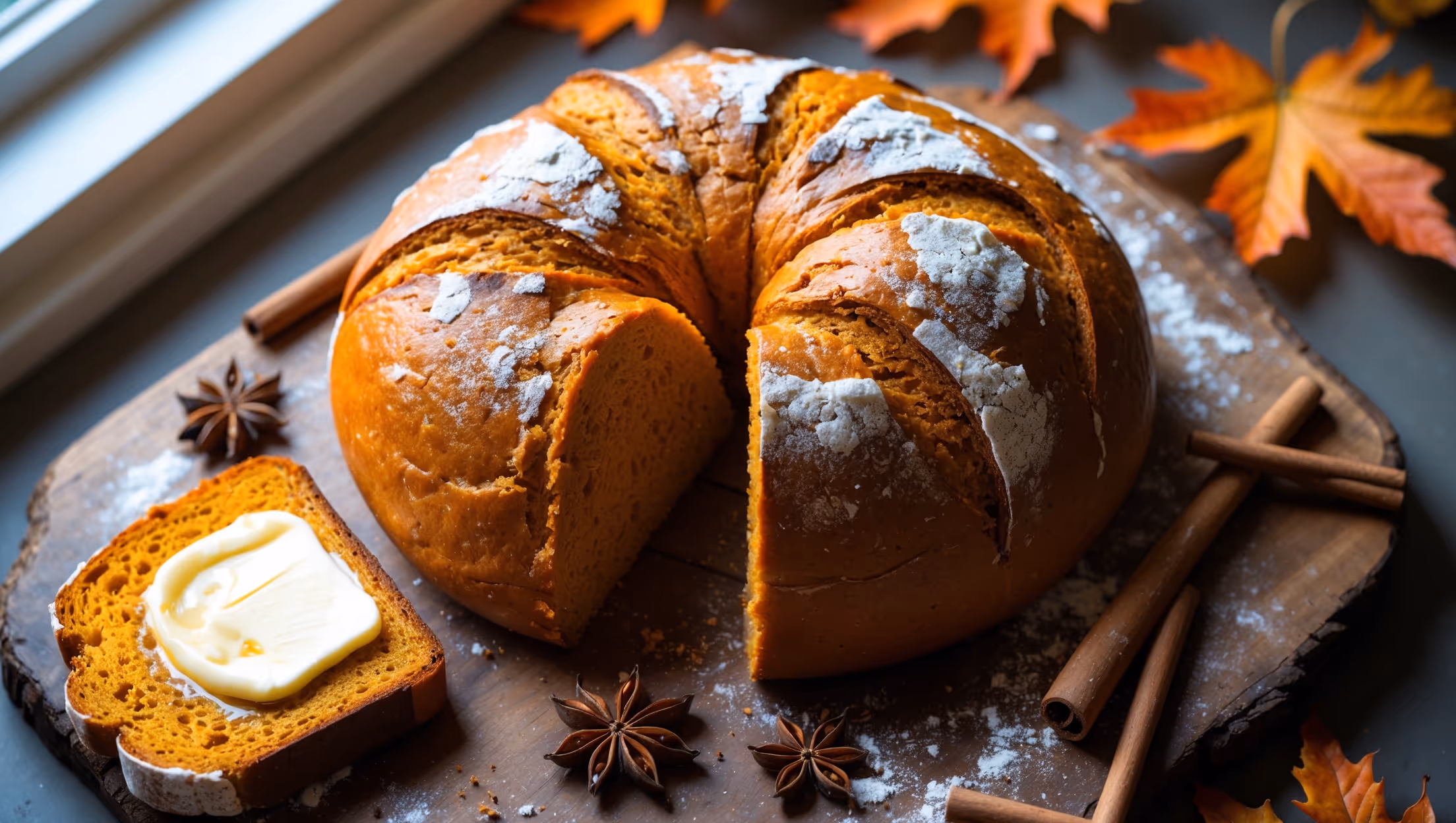 An overhead shot of a golden-orange pumpkin yeast bread with a perfectly domed top, displaying a tender split down the center revealing its moist, vibrant interior. The loaf rests on a rustic wooden board scattered with cinnamon sticks and star anise, with butter melting on a freshly cut slice nearby. Soft natural light streams in from a window, highlighting the bread's tender, pillowy crumb and fine texture. A dusting of flour remains on the crust, showcasing its artisanal quality, while autumn leaves artfully arranged in the background complement the bread's warm spice notes and seasonal appeal.