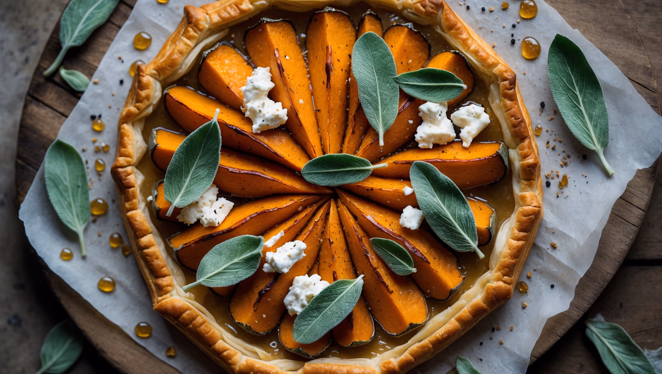 Overhead shot of a golden-brown tart with vibrant orange pumpkin wedges arranged in an artistic pattern, flecked with deep green sage leaves that have crisped at the edges. The flaky pastry edge reveals distinct butter layers, while crumbles of white goat cheese provide striking contrast against the caramelized pumpkin. Captured in soft natural light on a weathered wooden board with scattered fresh sage leaves, a drizzle of honey glistens across the surface, highlighting the tart's rustic elegance. A sprinkle of black pepper and sea salt flakes adds textural interest and enhances the savory-sweet composition.
