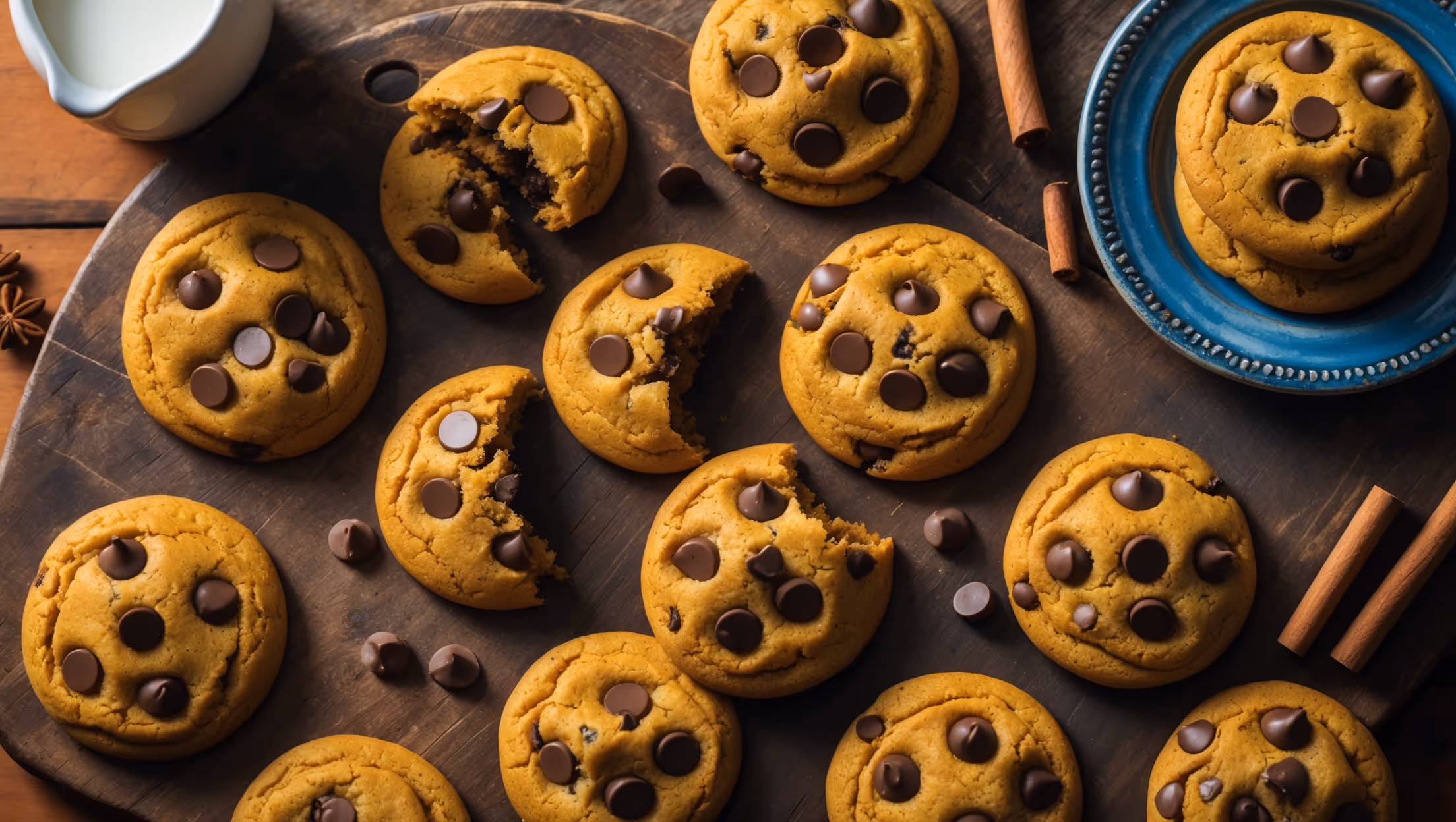 An overhead shot of freshly baked pumpkin chocolate chip cookies arranged on a rustic wooden board, with several cookies strategically broken to reveal their soft interior and melty chocolate chips. Warm, natural lighting highlights the cookies' golden-orange hue and subtle spice flecks, while creating gentle shadows that emphasize their slightly domed shape and crackly tops. A vintage blue ceramic plate holds a small stack of cookies in the corner, next to a small white pitcher of milk and scattered cinnamon sticks. The cookies' edges appear perfectly crisp while the centers look tantalizingly soft, with chocolate chips creating glossy dark pools against the warm pumpkin-colored dough.