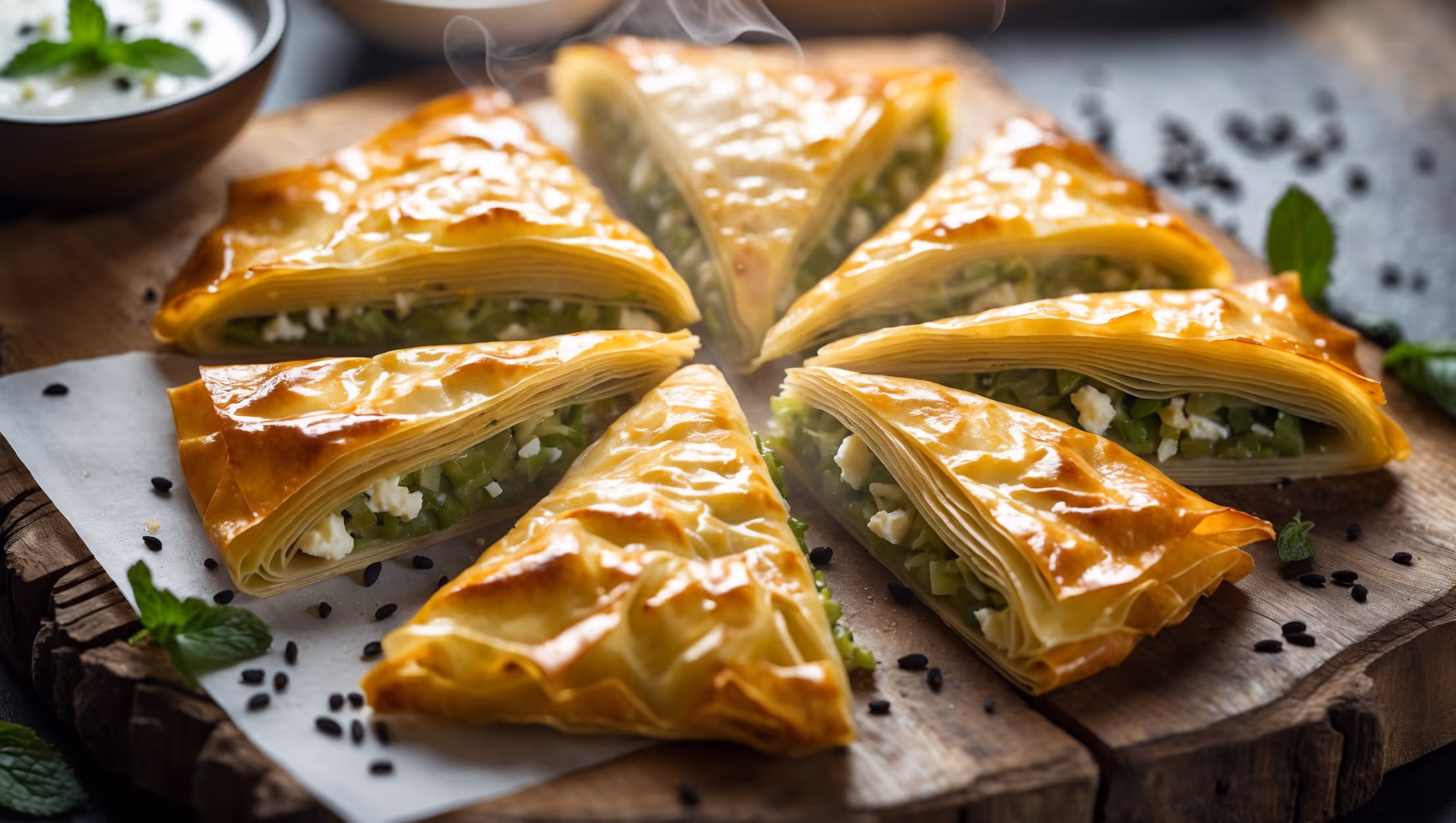An overhead shot of golden-brown Pırasalı Börek sliced into triangular portions on a rustic wooden serving board, revealing its vibrant green leek filling layered between crisp, flaky phyllo sheets. Soft natural light highlights the glistening, butter-brushed surface and delicate pastry layers, while steam gently rises from a freshly cut piece. In the background, a small bowl of yogurt garnished with mint leaves and a scatter of black sesame seeds add contrast to the composition. The pastry's flaky texture is emphasized by close-up details showing the multiple layers of perfectly baked phyllo, with bits of leek and crumbled feta visible in the filling.
