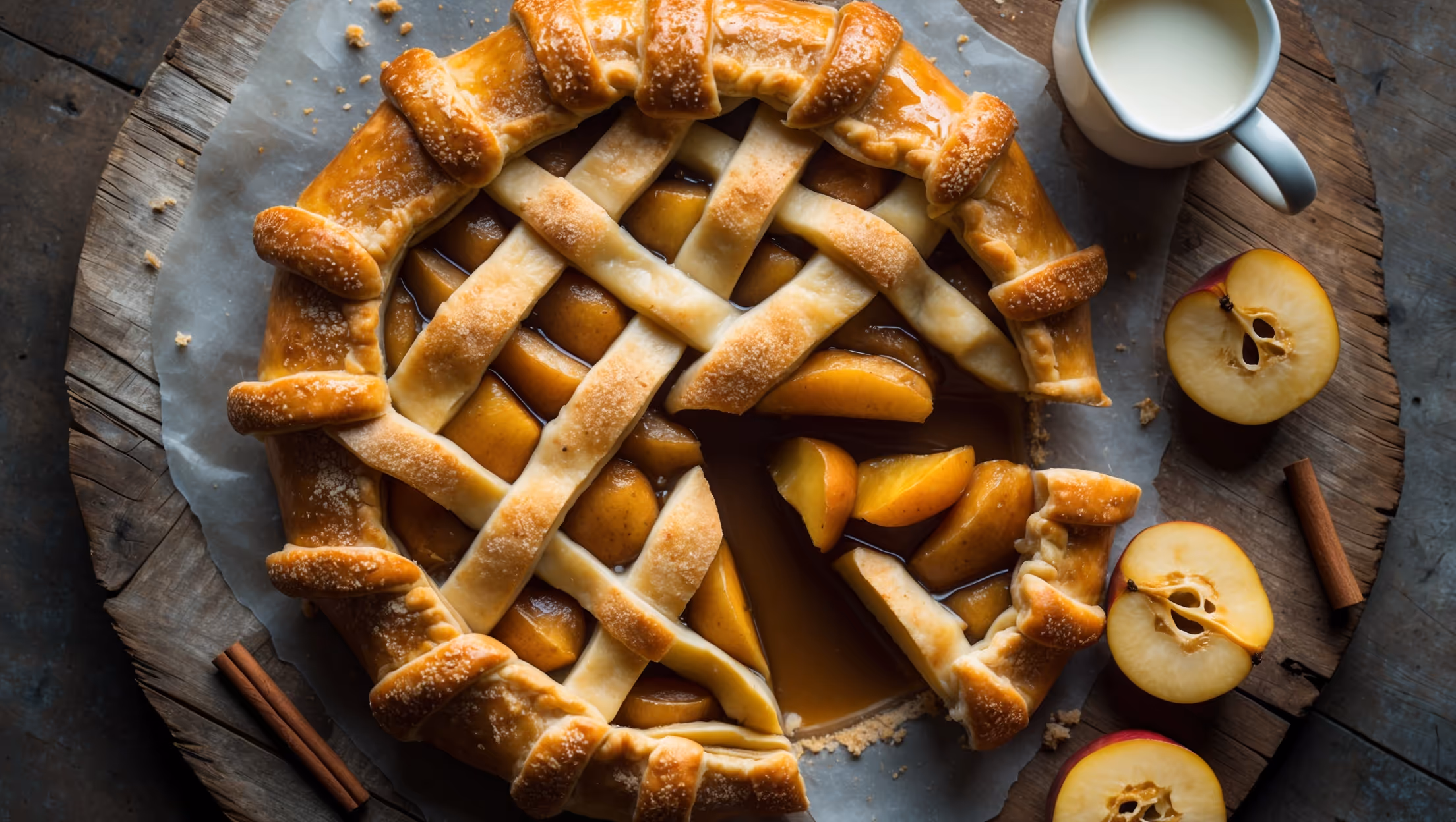 An overhead shot of a rustic quince pie with a beautifully latticed golden-brown top crust, revealing glimpses of the amber-hued quince filling through the gaps. Soft natural light highlights the glistening sugar crystals sprinkled across the pastry's surface. A slice has been removed, exposing the tender quince pieces suspended in their own naturally thickened syrup. The pie rests on a weathered wooden board, accompanied by a small pitcher of cream and a scattering of fresh quince slices and cinnamon sticks. Steam rises gently from the cut section, emphasizing the warm, spiced aroma of this seasonal treat.