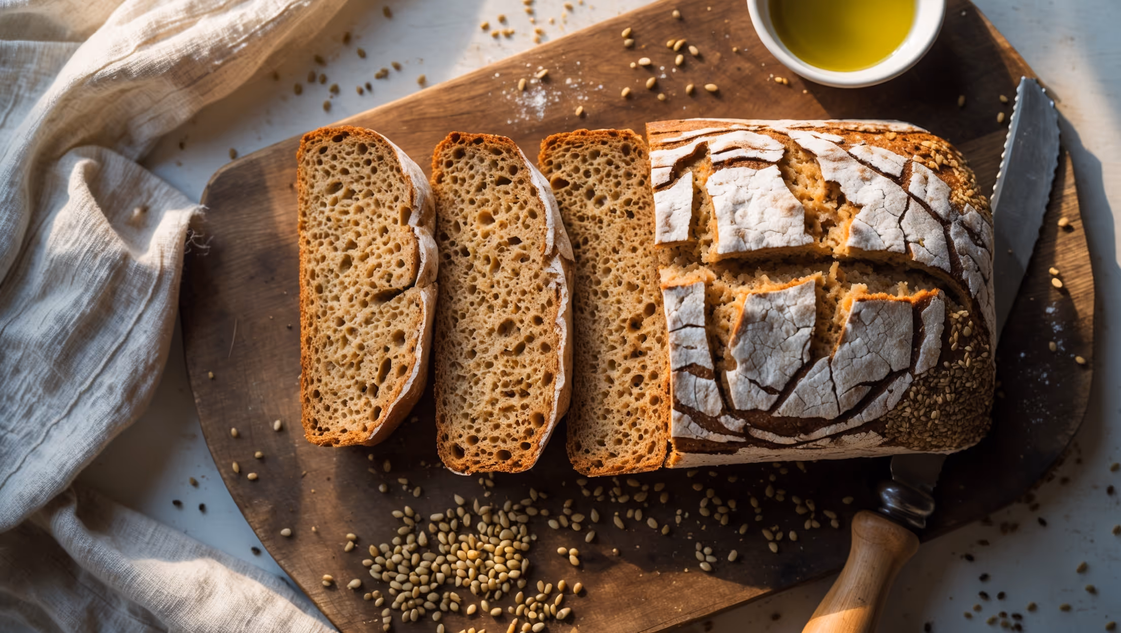 An overhead shot of a freshly sliced quinoa bread loaf on a rustic wooden board, bathed in soft morning light. The cross-section reveals a moist, hearty crumb with visible quinoa seeds creating beautiful texture throughout. The bread's golden-brown crust has appealing cracks along the top, dusted lightly with flour. Surrounding the loaf are scattered quinoa seeds and a small bowl of olive oil for dipping. A linen napkin in natural tones frames the corner, while a vintage bread knife rests nearby, suggesting the homemade, artisanal quality of this protein-rich bread.