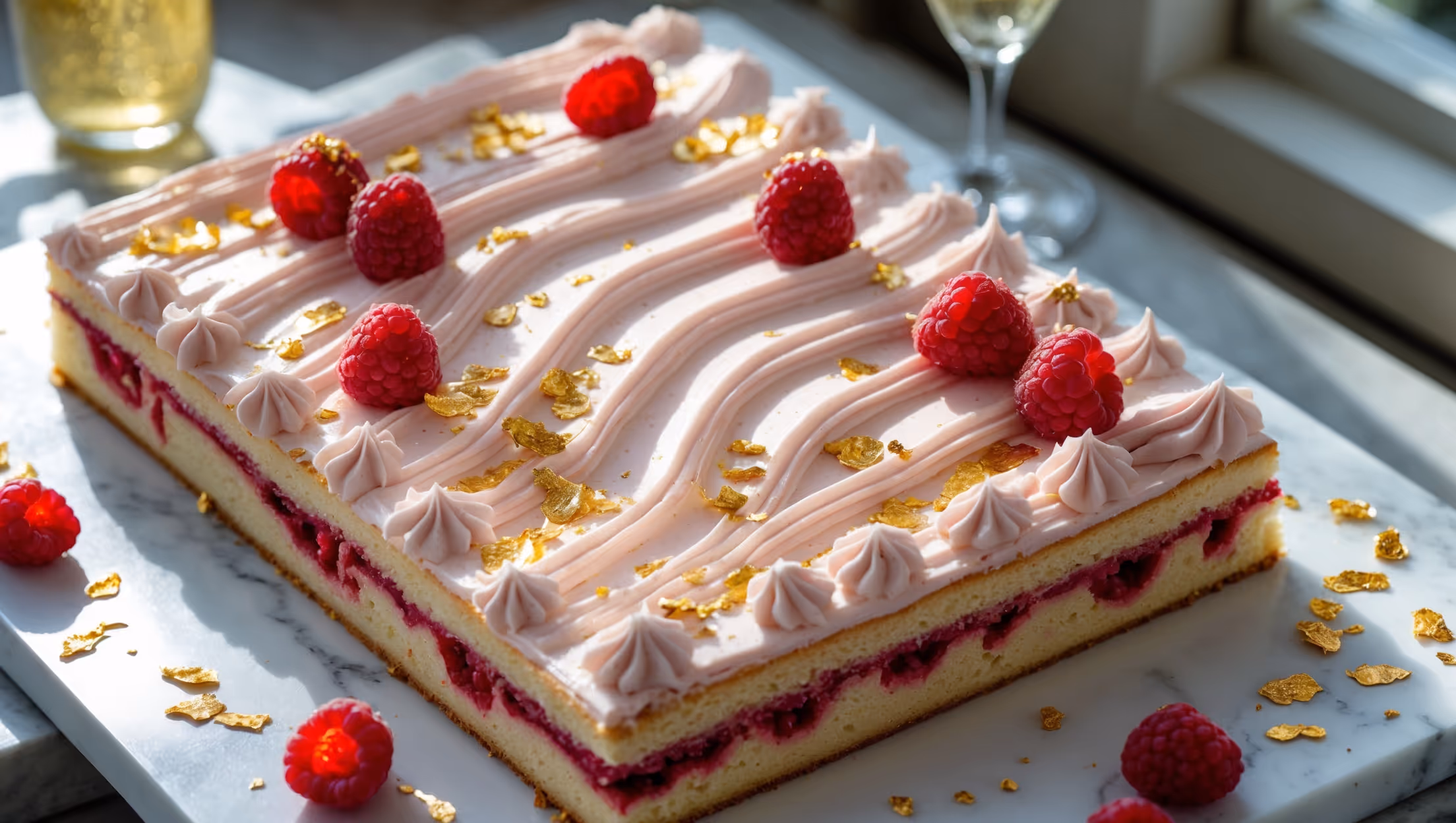 An overhead shot of a perfectly rectangular sheet cake with pale pink champagne buttercream frosting swirled in elegant peaks and valleys. A cross-section reveals light golden cake layers with vibrant red raspberry filling peeking through. Garnished with fresh raspberries and edible gold leaf flakes that catch the soft natural light streaming through a nearby window. The cake sits on a white marble serving platter with glasses of champagne and scattered fresh raspberries artfully arranged beside it, creating a sophisticated setting for this celebration dessert.