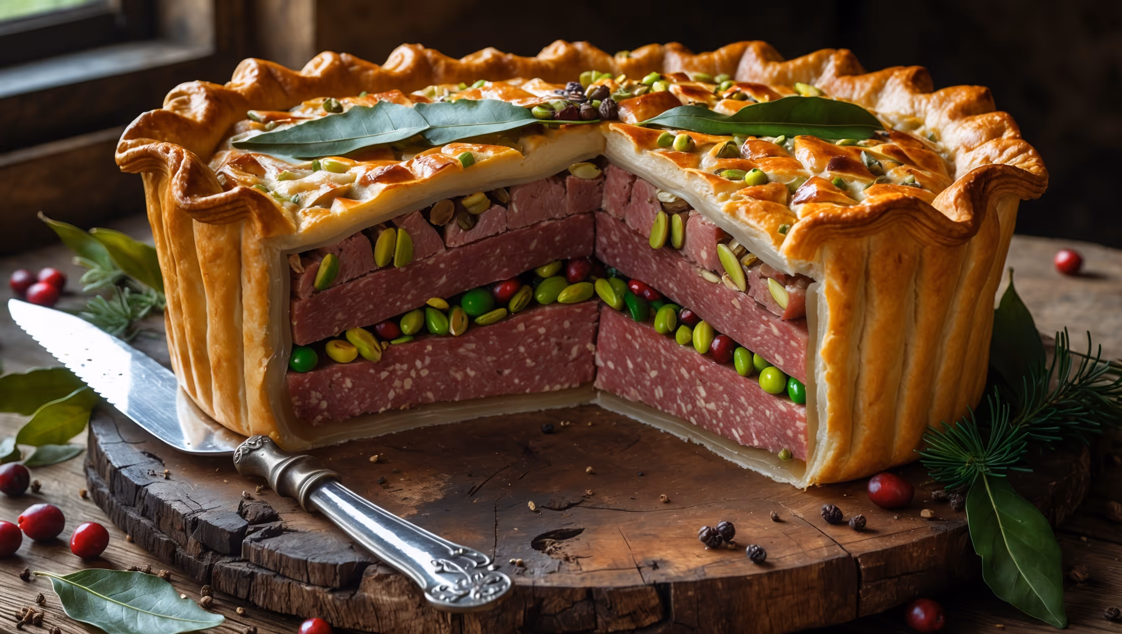 An impressive raised game pie stands majestically on a distressed wooden board, its tall cylindrical crust baked to a deep amber color. Shot in natural daylight streaming through a window, the cross-section view reveals distinct layers of different game meats interspersed with vibrant green pistachios and cranberry jewels. A vintage silver serving knife rests beside the pie, while scattered bay leaves, juniper berries, and cracked black pepper create a rustic hunting lodge atmosphere. The textured, decorative pastry lid shows careful craftsmanship with leaf patterns, while the sturdy sides demonstrate the perfect structural integrity of traditional hot water crust pastry.