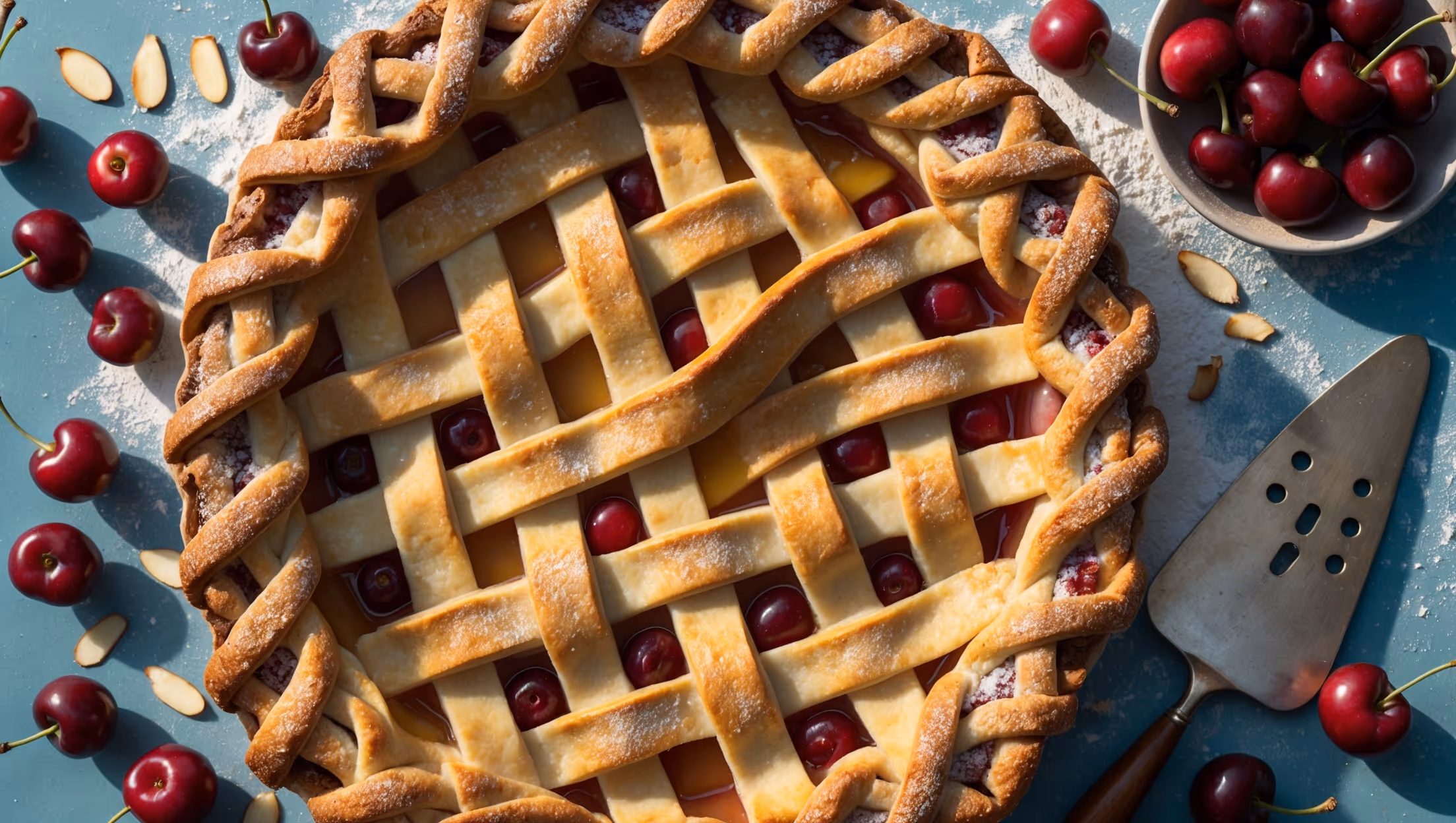 A stunning overhead shot of a lattice-topped Rainier cherry pie, its golden-brown crust glistening with turbinado sugar crystals that catch the soft afternoon light. The pale yellow-red cherries peek through the lattice gaps, their juices bubbling at the edges. A cross-section view reveals perfectly set filling—not too runny, not too firm—with plump cherries suspended in a glossy amber sauce. The pie rests on a weathered wooden board dusted with flour, with a scattering of fresh Rainier cherries and almond slivers artfully arranged nearby. A vintage pie server sits alongside, ready to portion the first slice of this summer masterpiece.