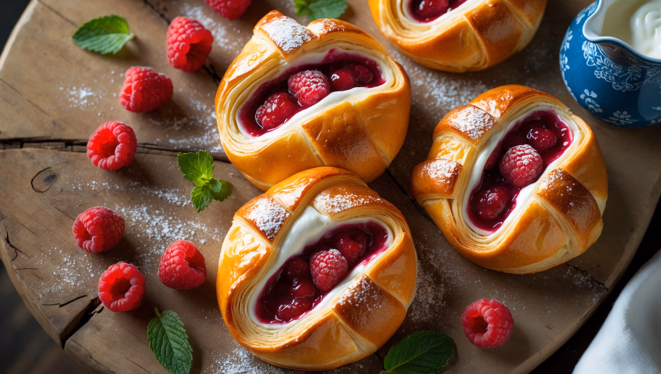 An overhead shot of golden-brown Danish pastries arranged on a rustic wooden serving board, their centers filled with creamy white cheese filling and vibrant red raspberry compote swirled together. A cross-section view reveals the distinct flaky layers of the pastry, with the filling maintaining perfect definition. Soft morning light streams across the scene, highlighting the glossy egg-wash finish and the jewel-like quality of the raspberry filling. Several fresh raspberries and mint leaves are scattered artfully around the pastries, while a light dusting of powdered sugar catches the light. In the background, a vintage blue ceramic pitcher contains fresh cream, suggesting the perfect accompaniment to these elegant pastries.