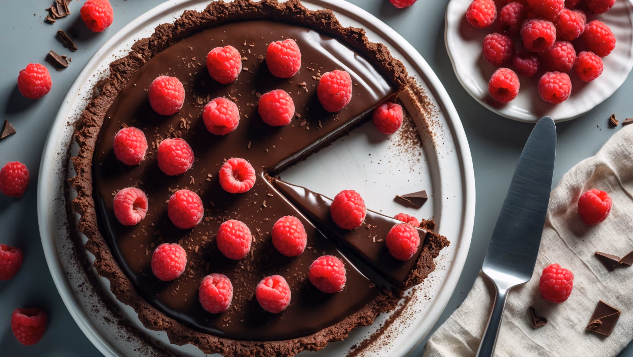 An overhead shot of the Raspberry Chocolate Pie showcasing its glossy chocolate surface dotted with plump raspberries arranged in concentric circles. A slice has been removed, revealing the silky chocolate ganache interior against the dark chocolate crust. The pie sits on a white ceramic cake stand with scattered fresh raspberries and chocolate shavings artfully placed around the base. Soft natural light highlights the contrast between the deep chocolate hue and vibrant red berries, while a dusting of cocoa powder adds dimension and texture. A small silver serving knife rests nearby on a folded linen napkin, suggesting the indulgent experience about to unfold.
