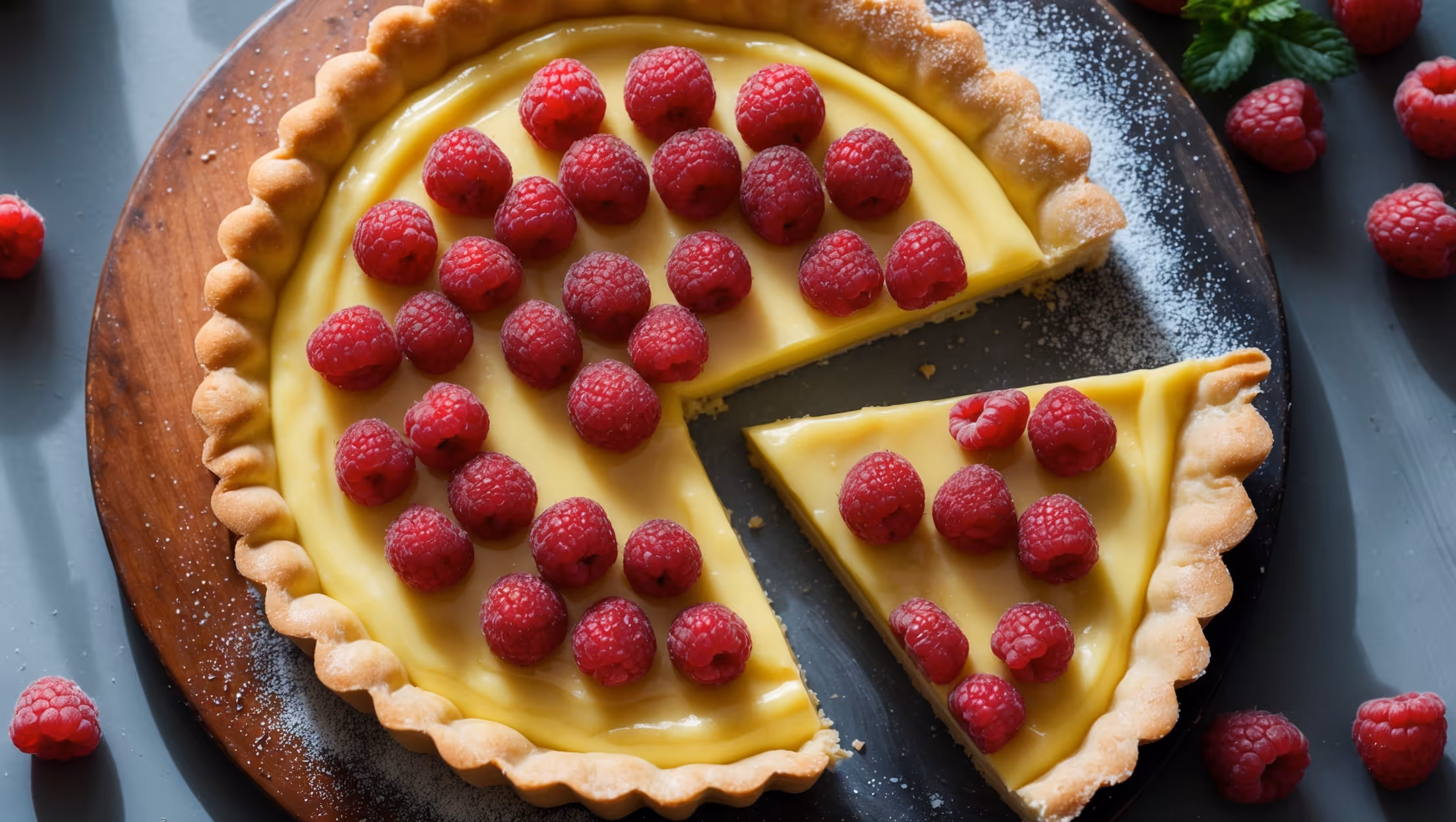 An overhead shot captures a perfectly golden shortcrust tart filled with smooth, sunshine-yellow vanilla custard and adorned with plump, jewel-toned raspberries arranged in concentric circles. Natural window light highlights the glossy finish of the custard and the slight glisten of raspberry glaze. The tart rests on a rustic wooden serving board alongside scattered fresh raspberries and a sprig of mint for contrast. A slice being removed reveals the clean, sharp edges of the pastry and the silky custard layer beneath. A fine dusting of icing sugar creates a delicate contrast against the vibrant red berries and rich yellow filling.