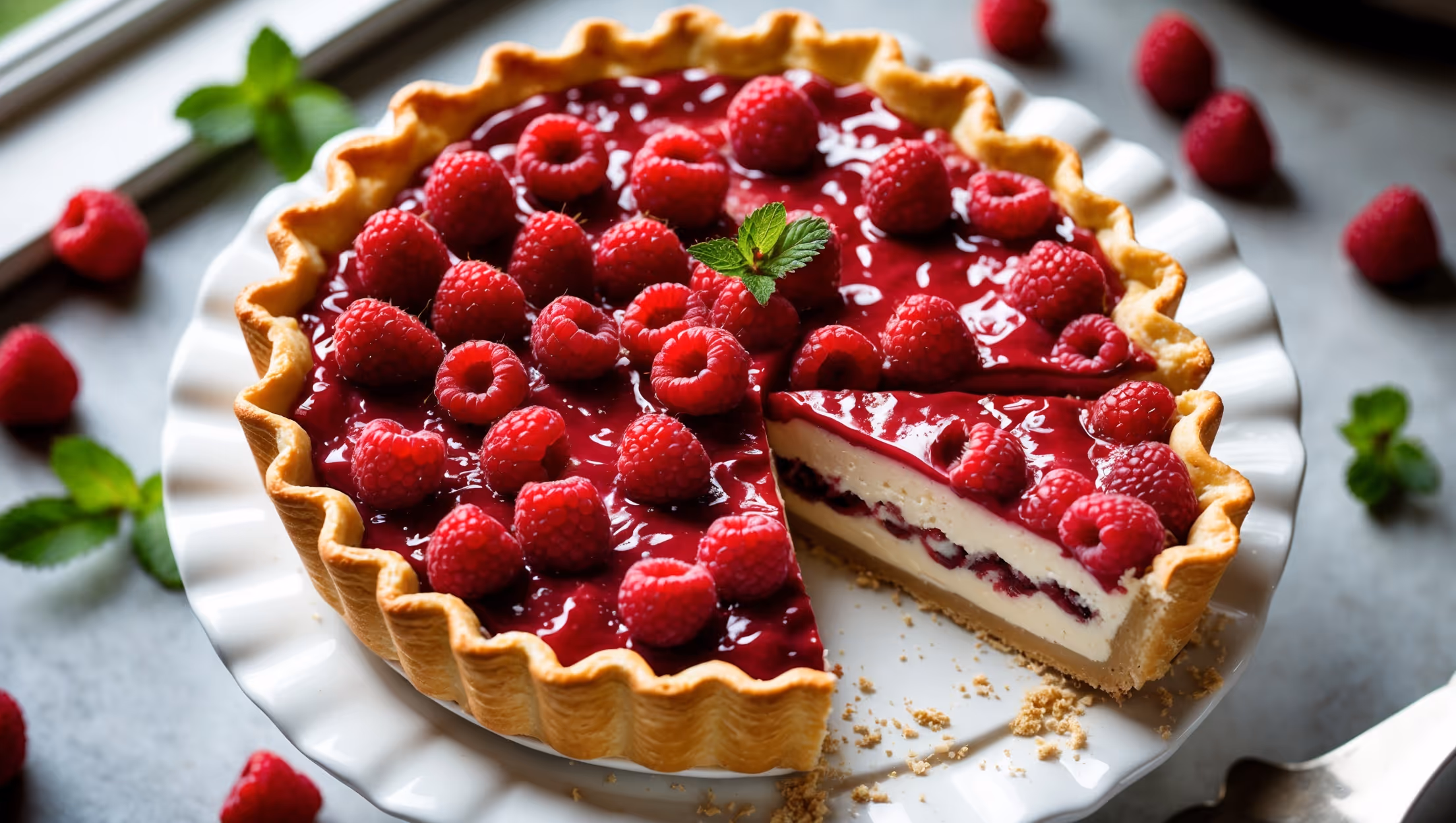Overhead shot of a perfectly sliced Raspberry Cream Pie on a white ceramic cake stand, revealing layers of golden pastry, silky vanilla cream, and vibrant red raspberries under a glossy raspberry glaze. Natural window light highlights the contrast between the crimson berries and pale cream filling, while scattered fresh raspberries and mint leaves provide accent points around the rustic fluted edge of the crust. A vintage silver server rests nearby, ready to lift a slice that shows the clean, defined layers of this elegant dessert.