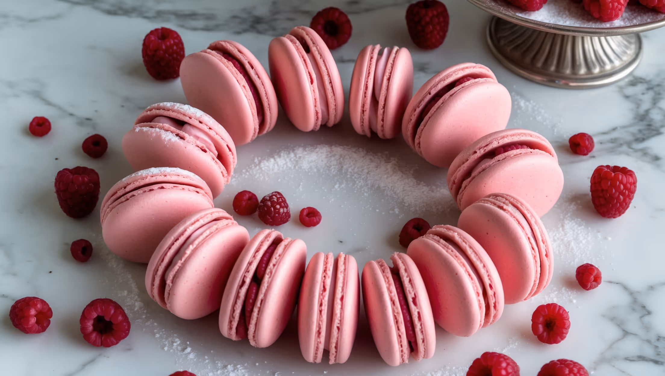 An overhead shot of perfectly formed raspberry macarons arranged in a circular pattern on a white marble surface. The vibrant pink shells display smooth tops and perfect "feet" at their base, with several macarons cut in half to reveal the luscious raspberry buttercream filling. Scattered fresh raspberries and a light dusting of powdered sugar add pops of color and texture. The soft natural light highlights the delicate sheen of the macaron shells, while a vintage silver cake stand in the background adds elegant depth to the composition.