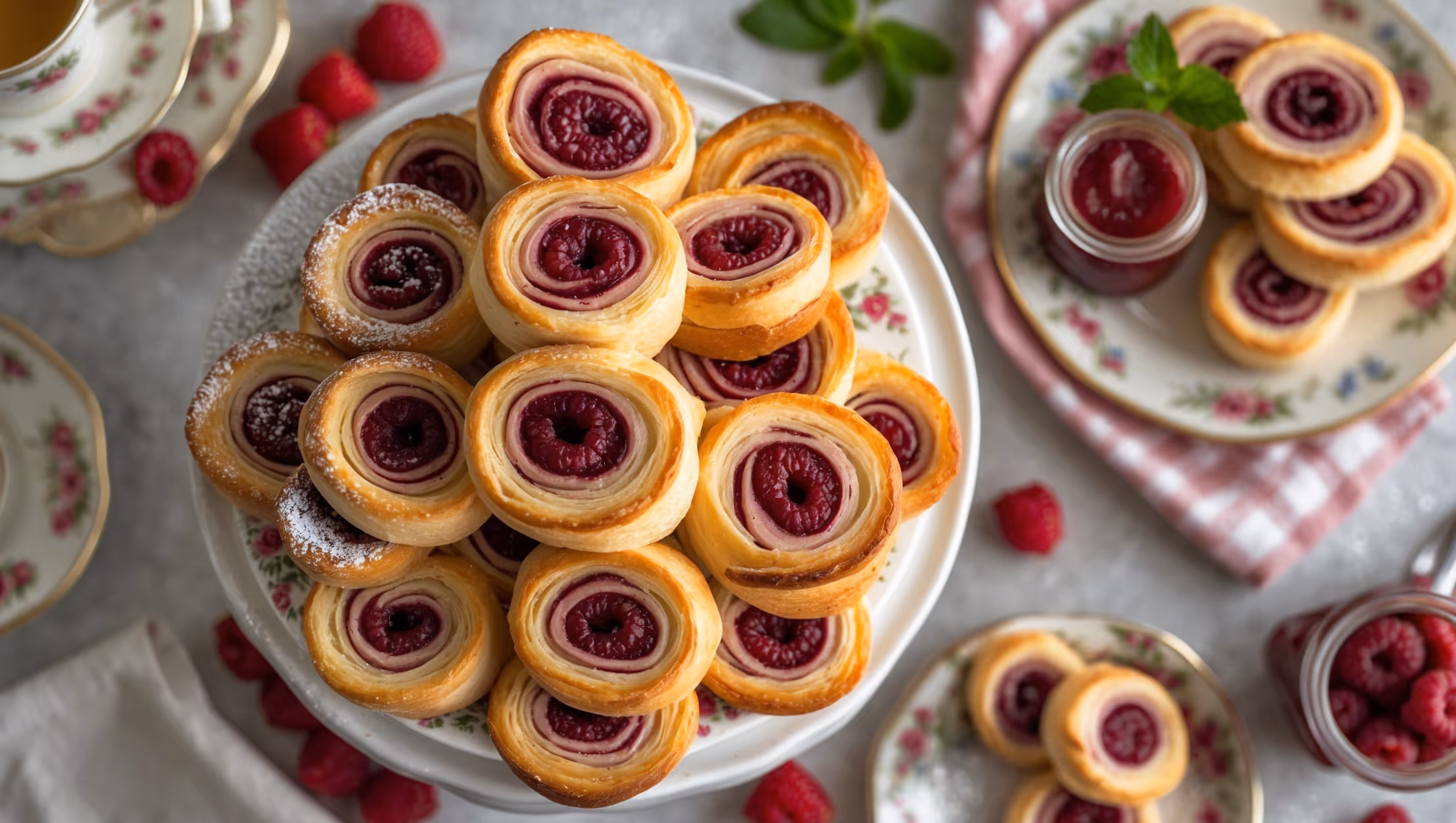 An overhead shot of golden-brown raspberry pinwheels arranged on a vintage white cake stand, with soft natural light highlighting their spiral pattern. A close-up reveals the contrast between the flaky, butter-rich pastry and ruby-red raspberry filling that has caramelized slightly at the edges. Several pinwheels are stacked artfully on antique floral plates, while others are captured mid-bite to showcase the delicate layers inside. Fresh raspberries and a light dusting of powdered sugar are scattered around the pastries, with a small jar of homemade raspberry preserves and sprigs of fresh mint adding color to the composition. The warm, inviting scene is completed with a checkered linen napkin and a porcelain teacup, suggesting these treats are perfect for afternoon tea.