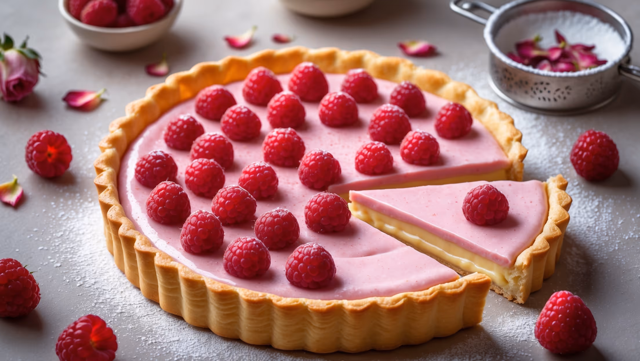 An overhead shot of a perfectly golden pastry case filled with pale pink rose-scented custard, topped with concentric circles of glistening fresh raspberries. A soft natural light highlights the jewel-like berries and the flaky texture of the shortcrust pastry. In the background, scattered fresh raspberries, a small bowl of rose petals, and a vintage sifter with a light dusting of powdered sugar frame the tart. A thin slice has been removed, revealing the velvety custard layer against the crisp pastry base, with a delicate piping of whipped cream adding a finishing touch to the elegant dessert.