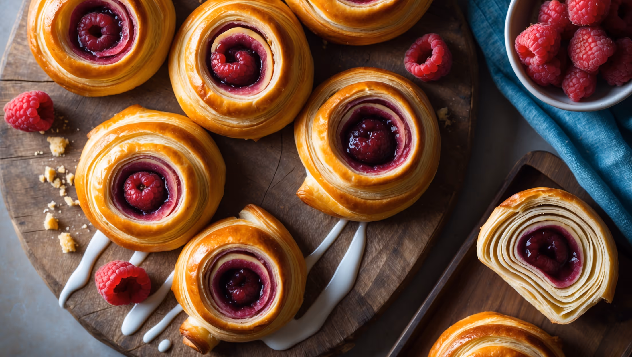 An overhead shot of golden-brown Raspberry Danish pastries arranged on a rustic wooden board, with their spiral shapes showcasing swirls of vibrant raspberry filling peeking through layers of flaky pastry. Captured in soft morning light, the pastries glisten with a drizzle of vanilla glaze that catches the light. A small bowl of fresh raspberries sits nearby, along with scattered pastry crumbs and a vintage blue linen napkin. The cross-section view reveals the distinct buttery layers of the Danish pastry with perfectly laminated dough, while the close-up highlights the jammy raspberry centers and delicate sugar crystals clinging to the edges of the pastries.