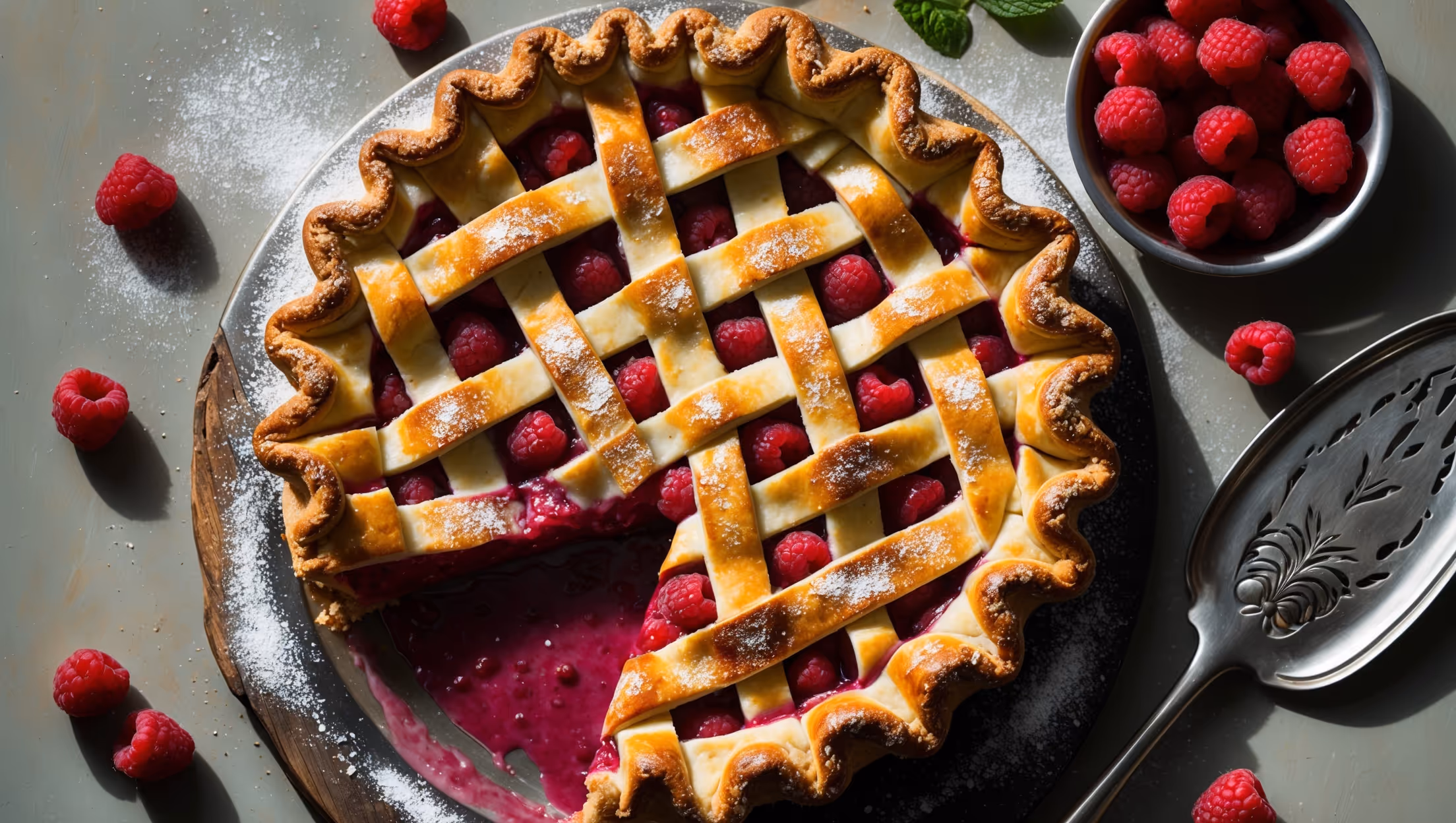 An overhead shot of a golden-brown raspberry pie with a beautifully latticed top crust, revealing glimpses of the vibrant ruby-red filling bubbling through the gaps. Soft natural light streams across the scene, highlighting the sugar-dusted pastry and caramelized edges. The pie rests on a weathered wooden board, surrounded by scattered fresh raspberries, a sprinkle of powdered sugar, and a few mint leaves. A slice has been removed, showcasing the perfect consistency of the filling – thick enough to hold its shape yet gloriously juicy, with whole berries visible throughout. A vintage silver server rests nearby, ready to dish up another portion of this classic summer dessert.