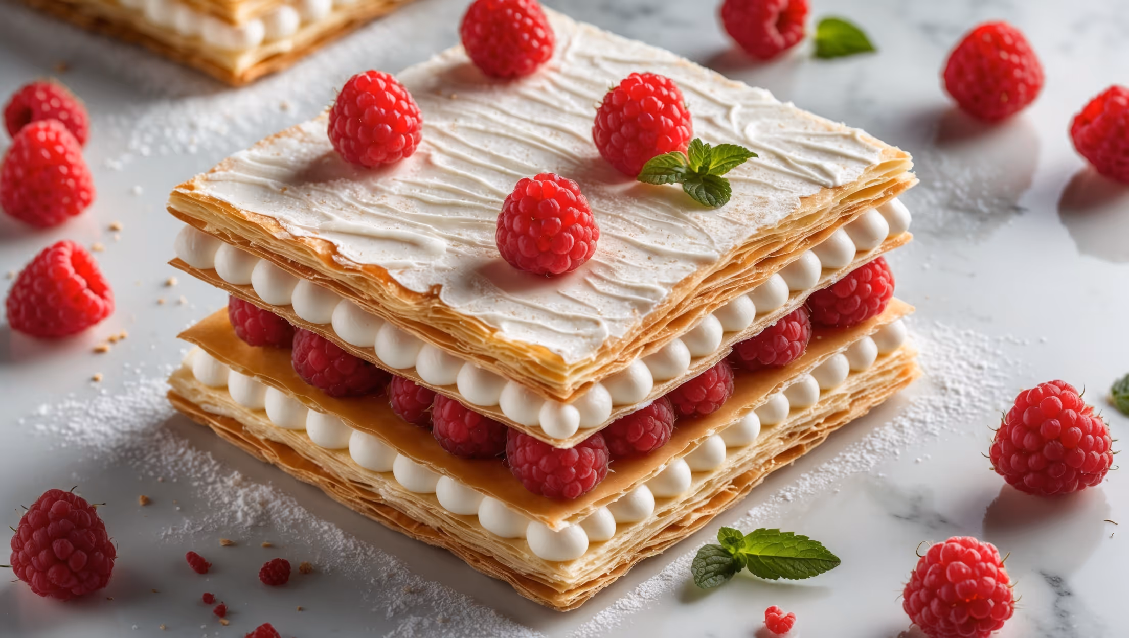 Overhead shot of a perfectly rectangular raspberry mille-feuille showcasing three distinct layers of golden, flaky puff pastry with crisp, visible lamination. The pastry is separated by luscious vanilla bean-flecked pastry cream studded with vibrant red raspberries that peek out from the sides. A cross-section reveals the precise layering, while the top is adorned with a classic feathered white icing pattern and scattered with fresh raspberries and mint leaves. Captured in soft natural light on a white marble surface with scattered fresh berries, powdered sugar, and pastry crumbs adding authentic bakery atmosphere.
