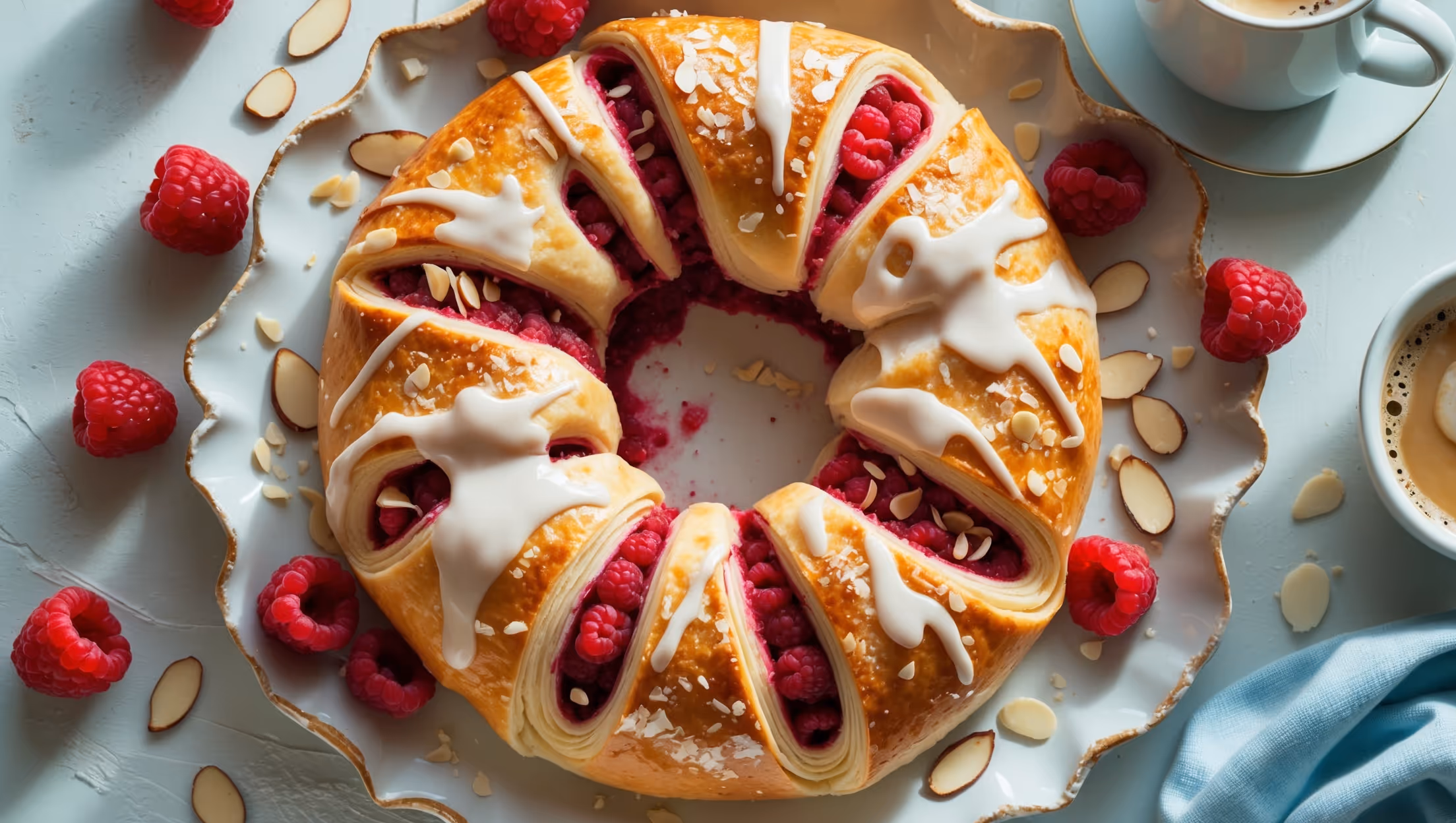 An overhead shot of the elegant oval-shaped Raspberry Kringle showcases its golden-brown flaky pastry with a vibrant raspberry filling peeking through delicate slits on top. Soft natural light highlights the glossy white almond glaze that drips artfully down the sides, while scattered fresh raspberries and slivered almonds add pops of color and texture. A cross-section view reveals distinct buttery layers within the pastry surrounding the ruby-red filling. The Kringle sits on a vintage white ceramic platter against a light blue linen, with a steaming cup of coffee and a small bowl of extra berries completing the cozy, inviting scene.