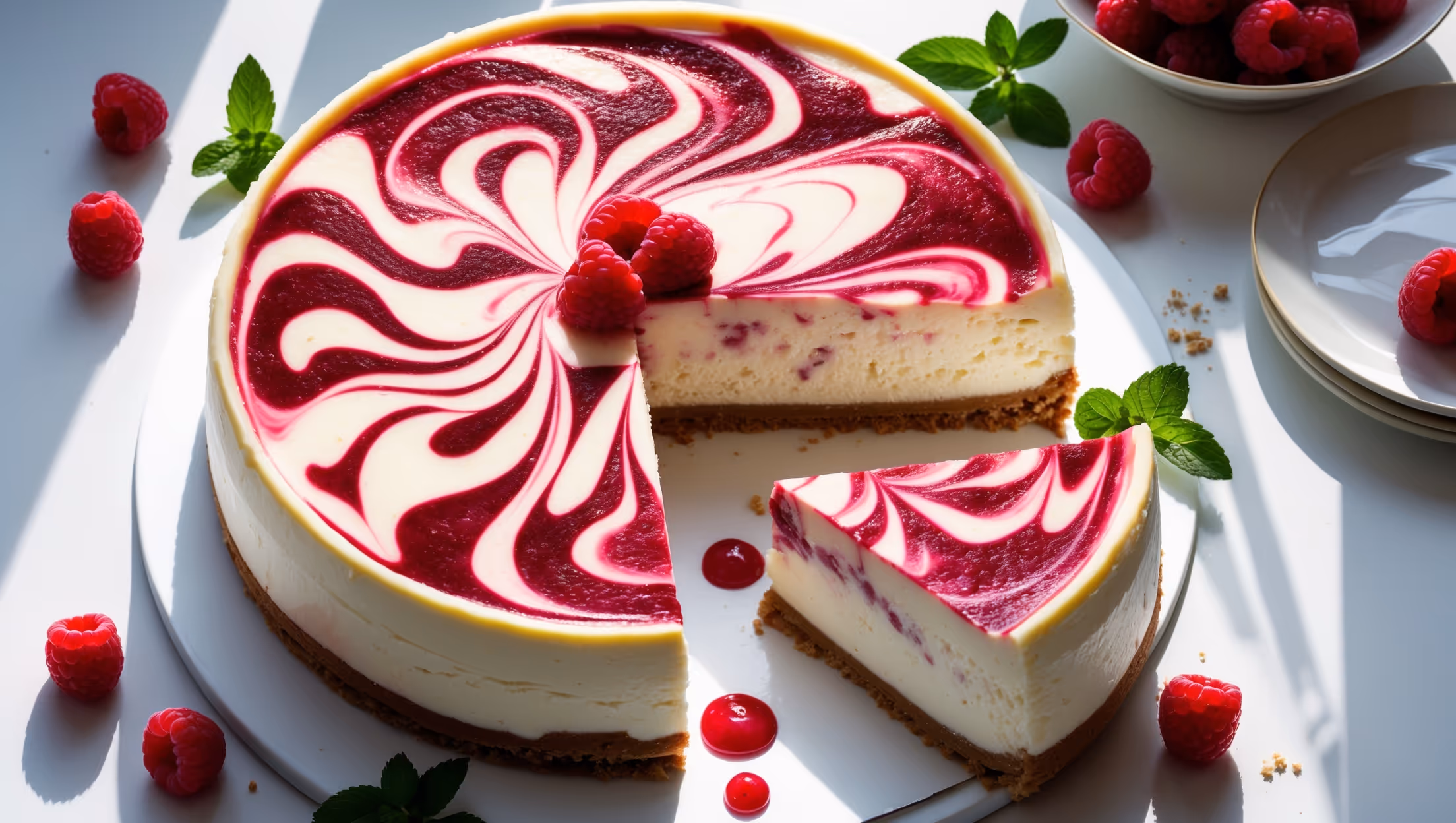 An overhead shot of a perfectly baked Raspberry Swirl Cheesecake with dramatic red-pink swirls contrasting against the creamy white surface. A slice has been removed, revealing the cheesecake's dense, creamy interior where the raspberry pattern continues throughout. The cheesecake sits on an elegant white cake stand, with fresh raspberries and mint leaves scattered artfully around the base. Soft natural window light highlights the silky texture of the cheesecake while casting gentle shadows that emphasize the depth of the raspberry swirls. A small drizzle of raspberry coulis pools on the plate beside the removed slice, with a few crumbs from the buttery biscuit base visible.