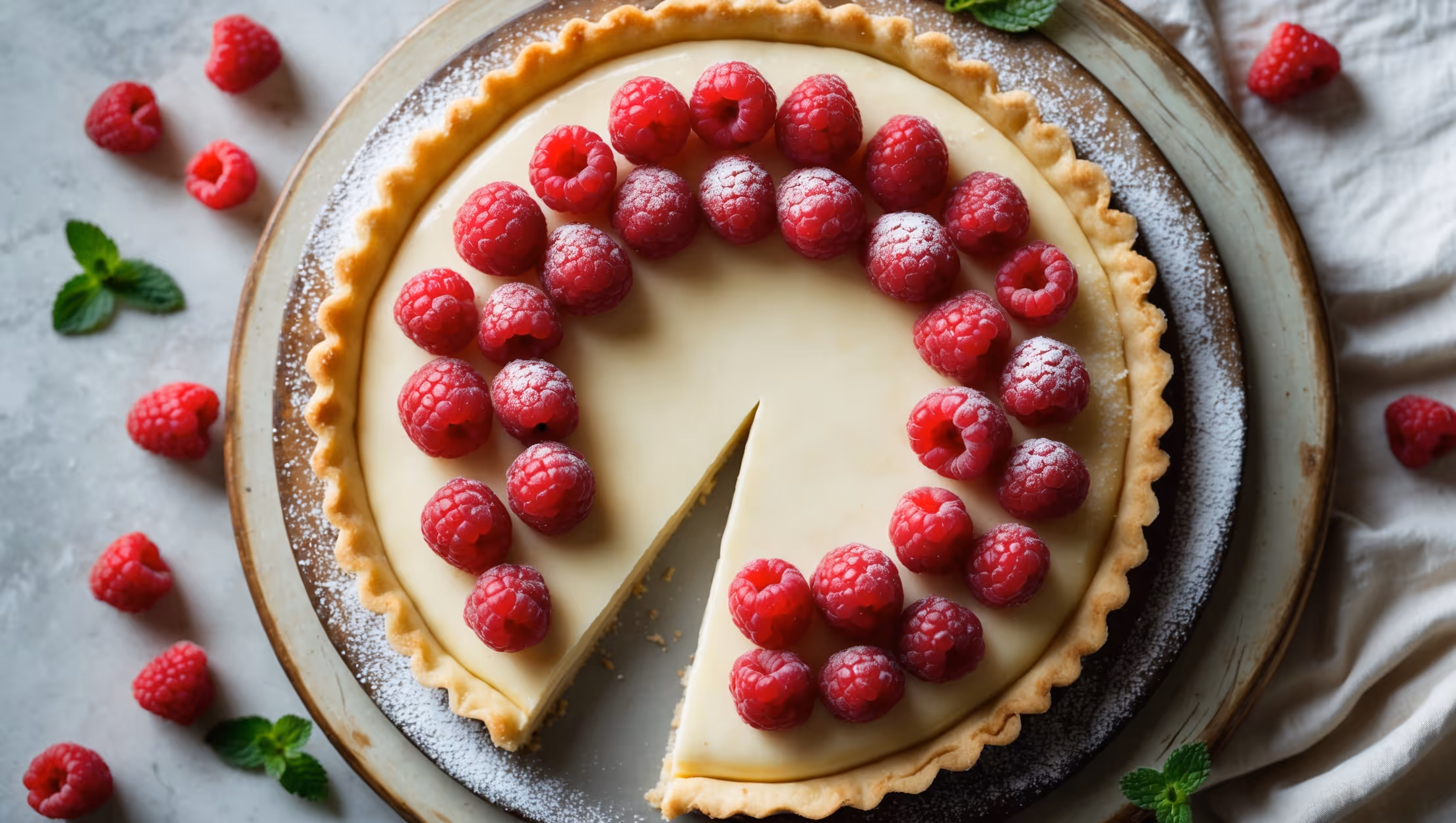 Overhead shot of a perfectly golden round tart with a rich shortcrust pastry edge, filled with smooth vanilla custard and topped with glistening red raspberries arranged in concentric circles. Soft natural light streams across the scene, highlighting the dusting of powdered sugar that catches on the berries' tiny dimples. The tart sits on a weathered wooden cake stand against a neutral linen backdrop, with scattered fresh raspberries and a sprig of mint adding vibrant color contrast. A slice has been removed, revealing the clean, precise layers of crisp pastry and creamy filling beneath the fruit.