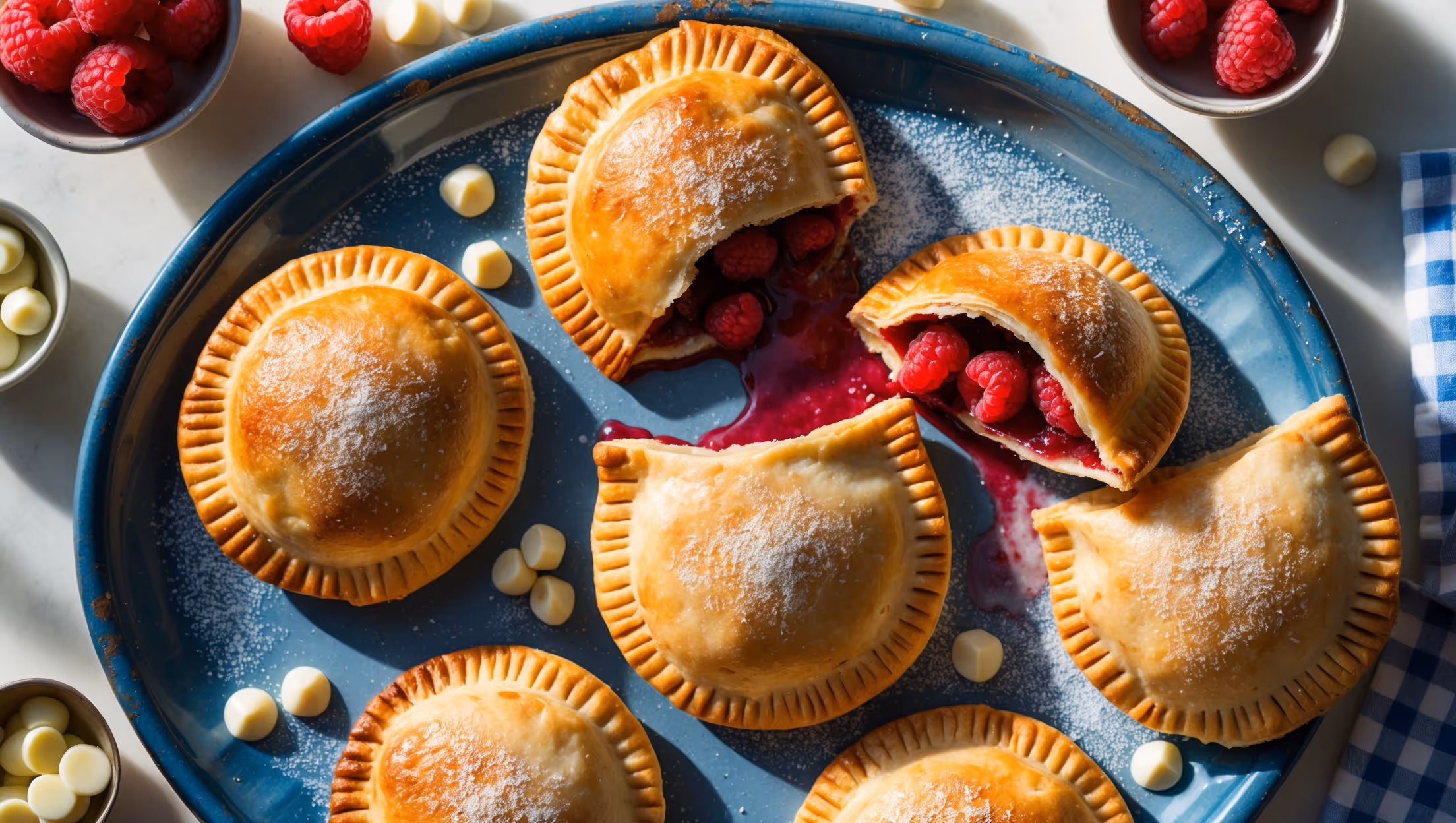 An overhead shot of six golden-brown hand pies arranged on a vintage blue ceramic platter, with one broken open to reveal the vibrant red raspberry filling studded with melted white chocolate chunks. The sunlight streams through a kitchen window, highlighting the sparkle of the powdered sugar dusting and the flaky layers of the pastry. A small bowl of fresh raspberries sits nearby, along with scattered white chocolate chips and a gingham napkin. The contrast between the crimson filling oozing slightly from the split pie and the buttery pastry creates a mouthwatering focal point, while a light sprinkle of coarse sugar on top captures the light with a crystalline shine.