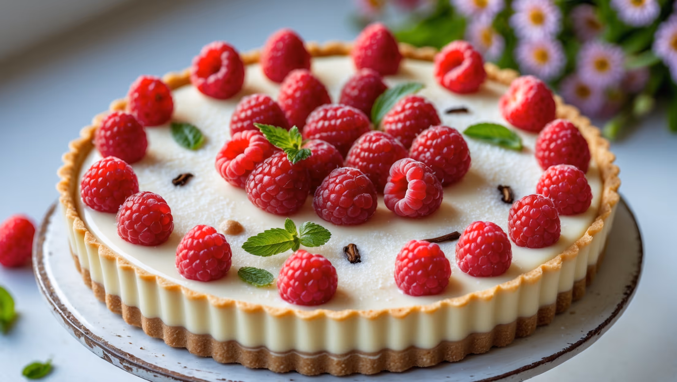 An overhead shot captures this pristine tart resting on a weathered white ceramic cake stand, where the glossy white chocolate custard provides a luxurious backdrop for plump raspberries arranged in concentric circles. A cross-section reveals the three distinct layers: the golden, perfectly baked shortcrust, the silky-smooth white chocolate filling, and the jewel-toned raspberries glistening under soft natural light. Scattered fresh mint leaves and a light dusting of icing sugar create visual contrast against the vibrant red fruit, while stray raspberry seeds and flecks of vanilla bean in the custard hint at the authentic ingredients within. The tart is photographed in a bright kitchen setting with a bouquet of wildflowers softly blurred in the background.