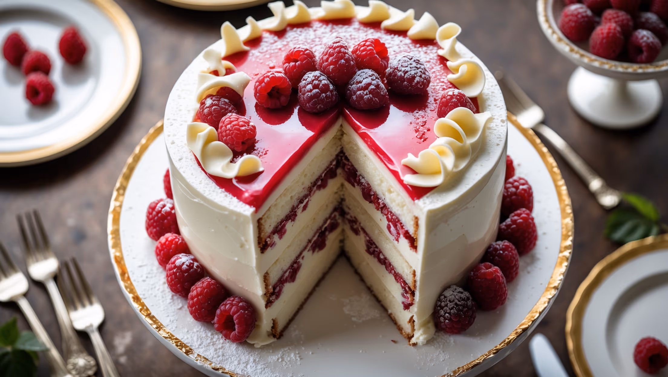 An overhead shot captures this elegant four-layer cake standing tall on a white ceramic cake stand, with natural light highlighting its velvety white chocolate frosting. A cross-section reveals moist vanilla cake layers interspersed with vibrant red raspberry filling that contrasts beautifully with the creamy white frosting. The cake's top features a brilliant raspberry mirror glaze that cascades slightly down the sides, garnished with fresh raspberries, white chocolate curls, and a light dusting of powdered sugar. Gold-rimmed dessert plates, scattered raspberry leaves, and vintage silverware frame the composition, emphasizing the cake's special-occasion status.