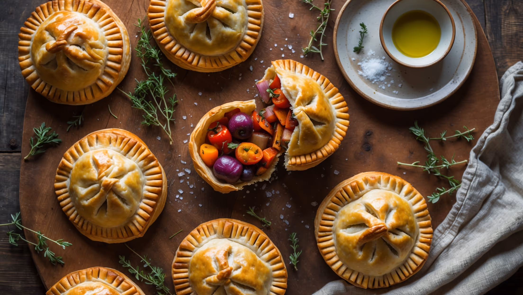 Overhead shot of golden-brown Ratatouille Hand Pies arranged on a rustic wooden serving board, with one pie broken open to reveal the colorful vegetable filling inside. Soft natural lighting highlights the flaky pastry layers and glistening roasted vegetables in vibrant reds, purples, yellows, and greens. Scattered fresh thyme sprigs, a small bowl of coarse sea salt, and a drizzle of olive oil complement the scene. A vintage French linen napkin and small ceramic plate holding additional pies create depth in the composition, while the distinctive pattern of the crimped pastry edges draws the eye to the beautiful handmade quality of these savory treats.