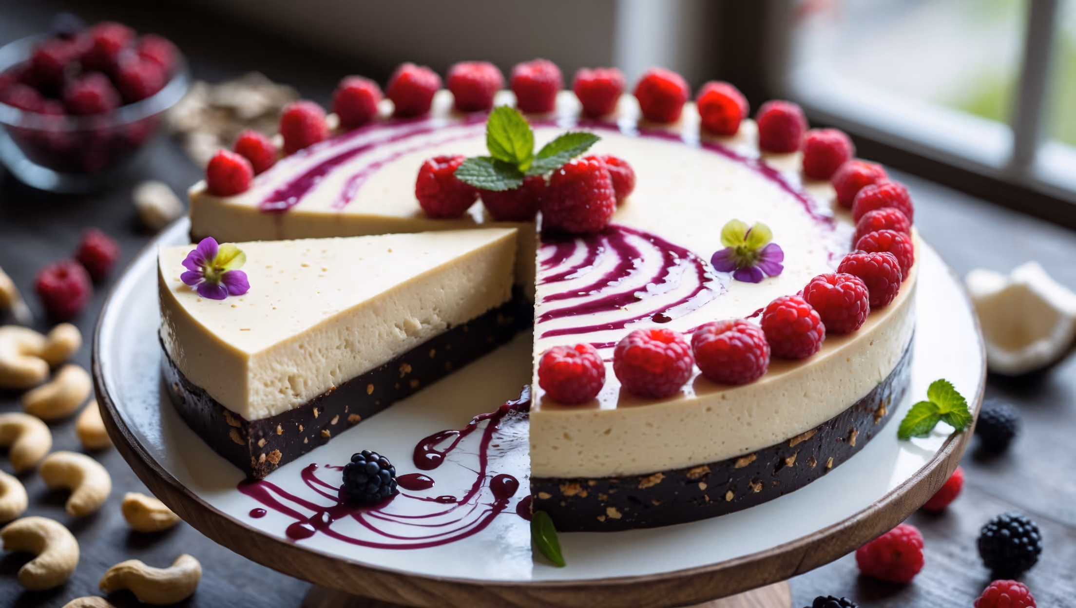 An overhead shot of a perfectly sliced raw vegan cheesecake on a rustic wooden cake stand, with one slice slightly pulled away to showcase the distinct two-layer construction. The vanilla-speckled creamy filling contrasts beautifully with the dark, nutty crust beneath. Natural light streams in from a nearby window, highlighting the cheesecake's smooth, glossy surface adorned with fresh berries arranged in a vibrant circular pattern. Small edible flowers and mint leaves scatter the composition, while a drizzle of berry coulis creates artistic swirls on the white ceramic serving plate. The background features blurred ingredients—raw cashews, dates, and coconut oil—hinting at the pure, unprocessed nature of this no-bake dessert.