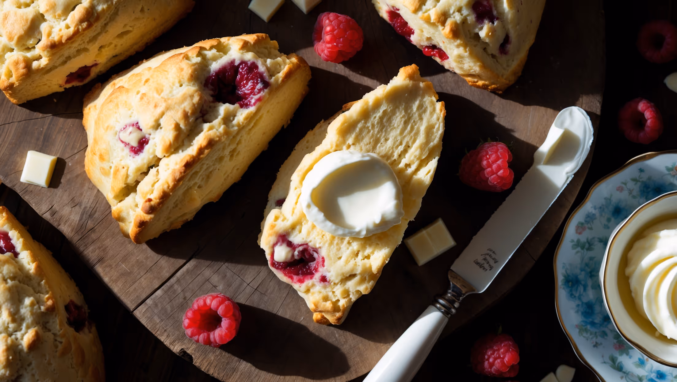 An overhead shot captures a rustic wooden board displaying perfectly golden scones with visible pockets of melted white chocolate and vibrant raspberry swirls. A cross-section view reveals the light, flaky interior texture with defined layers. Soft natural morning light highlights the glistening sugar-crusted tops while casting gentle shadows that emphasize the scones' height and texture. Several scones are arranged alongside scattered fresh raspberries, white chocolate pieces, and a vintage teacup filled with Earl Grey, suggesting an elegant afternoon tea setting. A butter knife rests beside a split scone topped with a dollop of clotted cream, showcasing the contrast between the scone's crisp exterior and tender, buttery crumb.