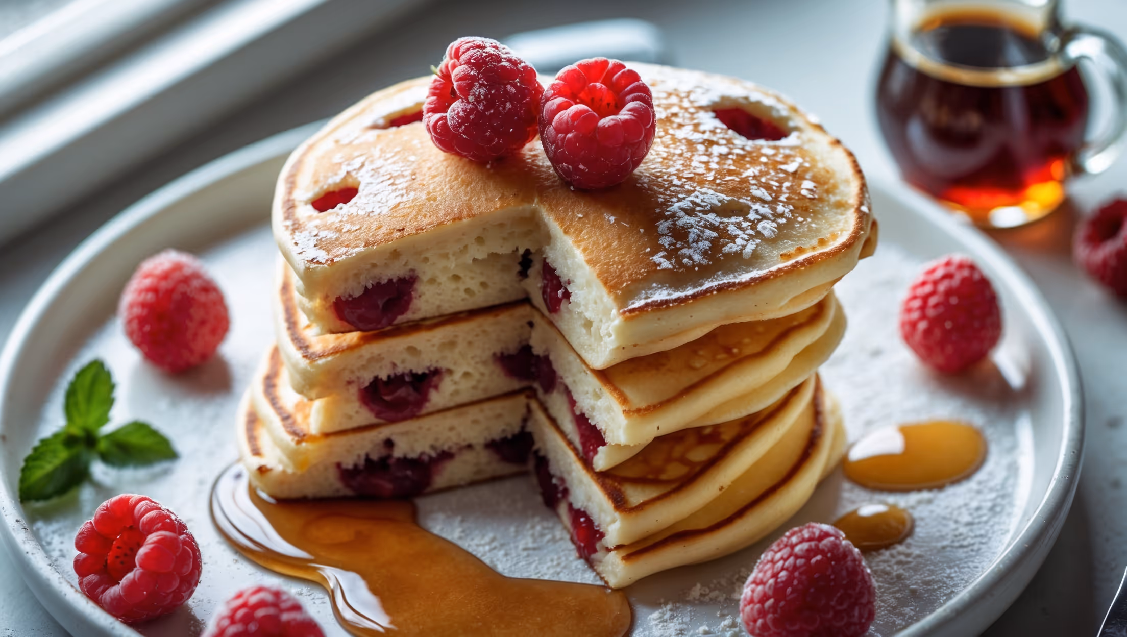An overhead shot of a stack of three golden-brown pancakes on a white ceramic plate, with melted white chocolate visible in pockets throughout. Fresh raspberries are scattered across the top and around the plate, with a few deliberately placed to show their vibrant red color against the pancakes. A stream of maple syrup cascades down the sides, catching the soft morning light streaming through a nearby window. Specks of powdered sugar dust the top like morning frost, while a small glass pitcher of additional syrup and a sprig of mint sit nearby for styling. The pancakes' texture is clearly visible, showing their light, airy crumb and moist interior where the raspberries have created pockets of jammy goodness.
