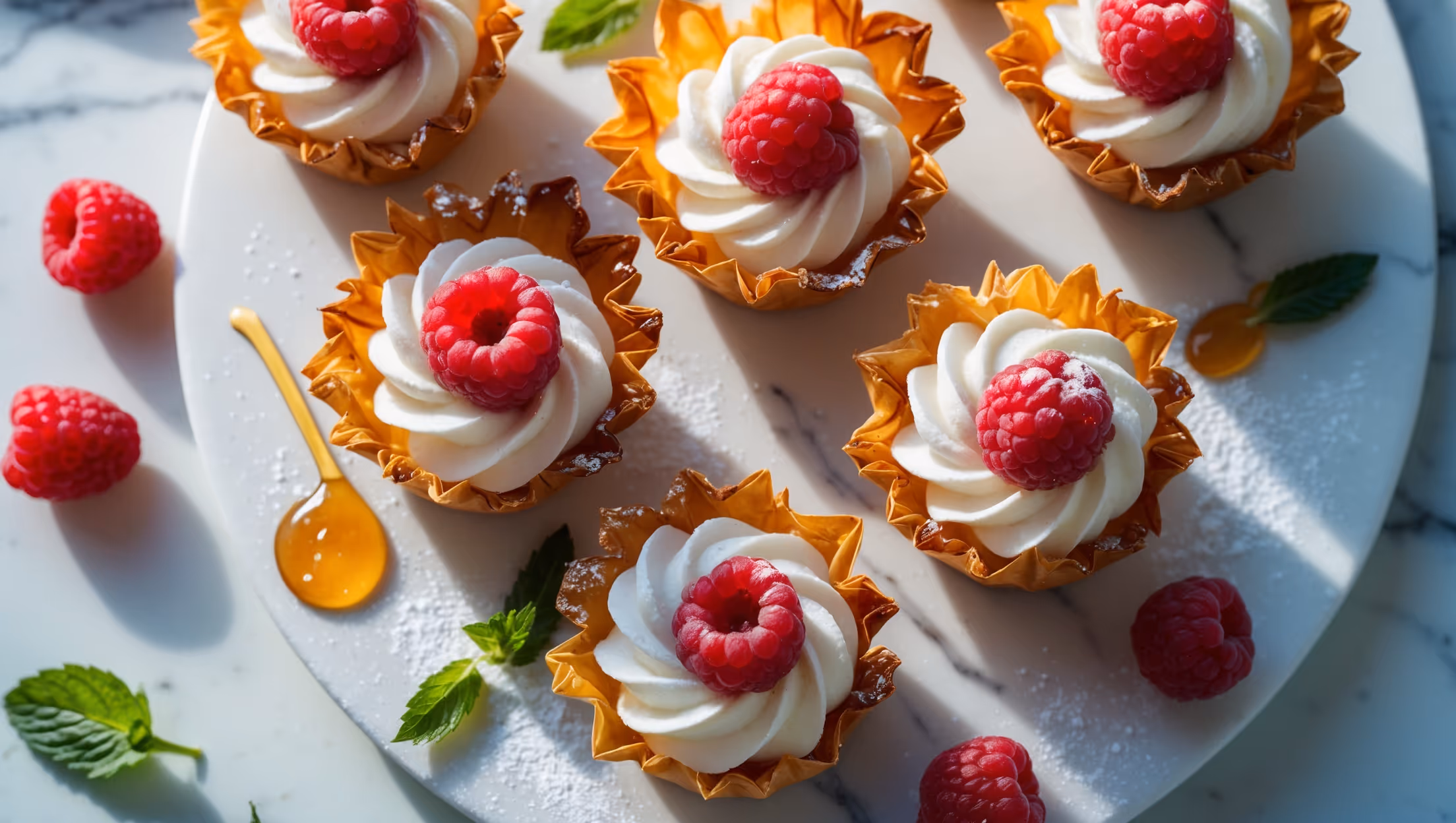 An overhead shot of six golden-brown phyllo cups arranged on a white marble serving platter, each filled with a cloud-like swirl of mascarpone cream and crowned with plump, jewel-toned raspberries. Soft natural light streams from the side, highlighting the flaky, crisp layers of the phyllo pastry and the delicate powdered sugar dusting. A few loose raspberries and mint leaves are artfully scattered around the cups, while a small drizzle of honey catches the light as it cascades down one of the cups. The contrast between the amber-toned pastry, ivory cream, and vibrant red berries creates a striking color palette against the cool marble backdrop.