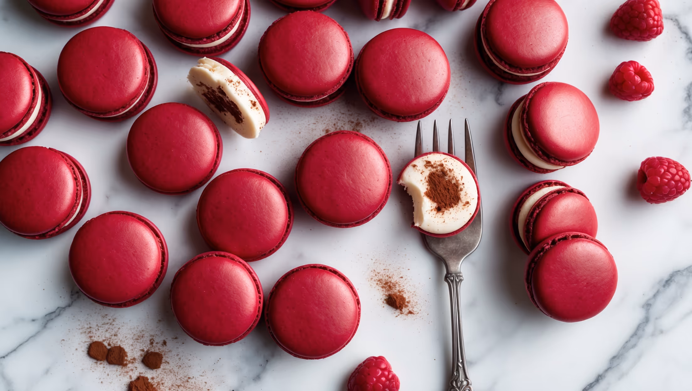 An overhead shot of perfectly formed red velvet macarons arranged in a spiral pattern on a white marble surface. The vibrant ruby-red shells feature smooth, glossy tops and distinctive "feet" at their base, with several macarons strategically halved to reveal the creamy white filling. Natural window light highlights the texture contrast between the crisp outer shells and soft centers, while a few scattered cocoa powder dustings and fresh raspberries add visual interest. A vintage silver cake fork rests nearby, and one macaron sits alone on its edge, showcasing the perfect filling-to-cookie ratio and the subtle cocoa tint of the shell's interior.
