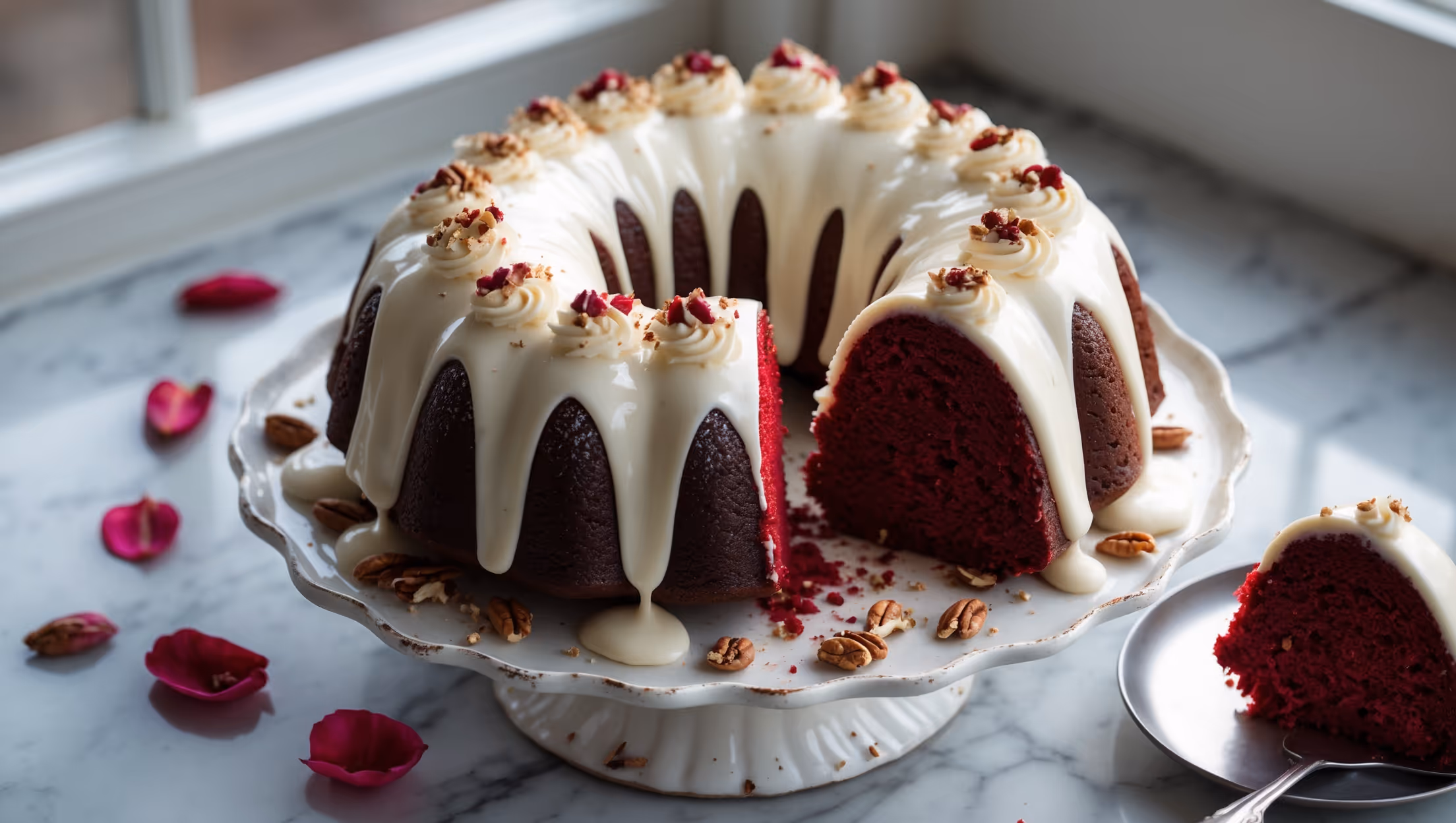 A stunning overhead shot of a Red Velvet Bundt cake on a vintage white pedestal stand, bathed in soft window light that highlights its deep crimson color and glossy cream cheese glaze cascading down the distinctive ridges. The cross-section reveals a moist, tender crumb with perfect consistency throughout. Scattered around the base are a few crimson rose petals and crushed pecans that echo the cake's color and texture. A silver cake server rests nearby, with a single perfect slice removed, exposing the cake's striking contrast between the rich red interior and the pure white glaze. The entire setup sits on a marble countertop that complements the cake's elegant presentation.