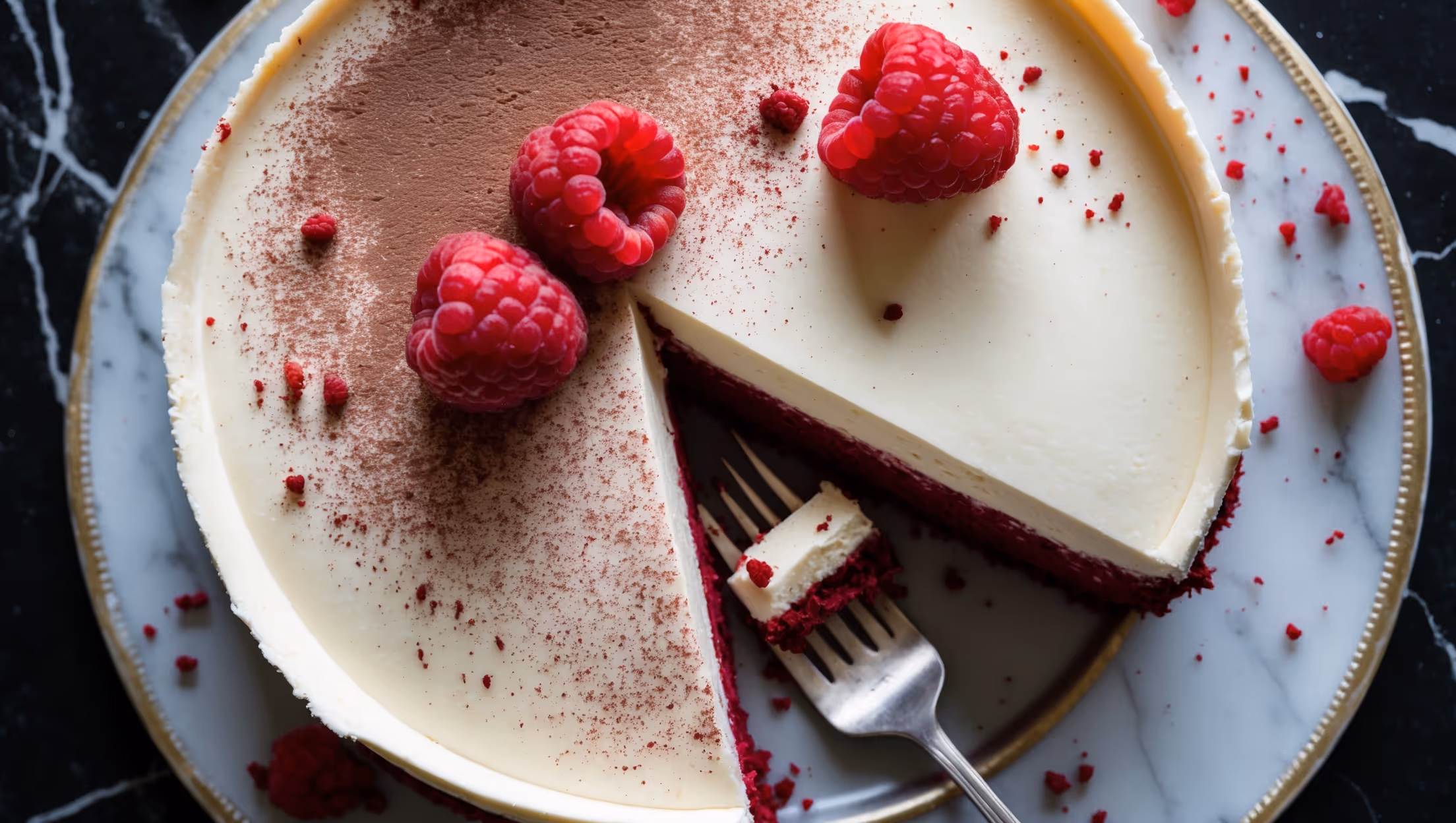 An overhead shot of a perfectly sliced red velvet cheesecake revealing its dramatic two-toned layers—the deep crimson cake base contrasting beautifully with the pure white cream cheese top. Photographed in soft natural light against a black marble surface, the slice rests on a vintage white cake plate with gold trim. A light dusting of cocoa powder creates a delicate pattern across the top, while a few scattered red velvet crumbs and fresh raspberries add vibrant color accents. The cream cheese layer shows a silky-smooth texture with a slight shimmer, while the cake portion reveals a moist, tender crumb structure. A silver dessert fork with a piece of the cheesecake captures the moment just before tasting.