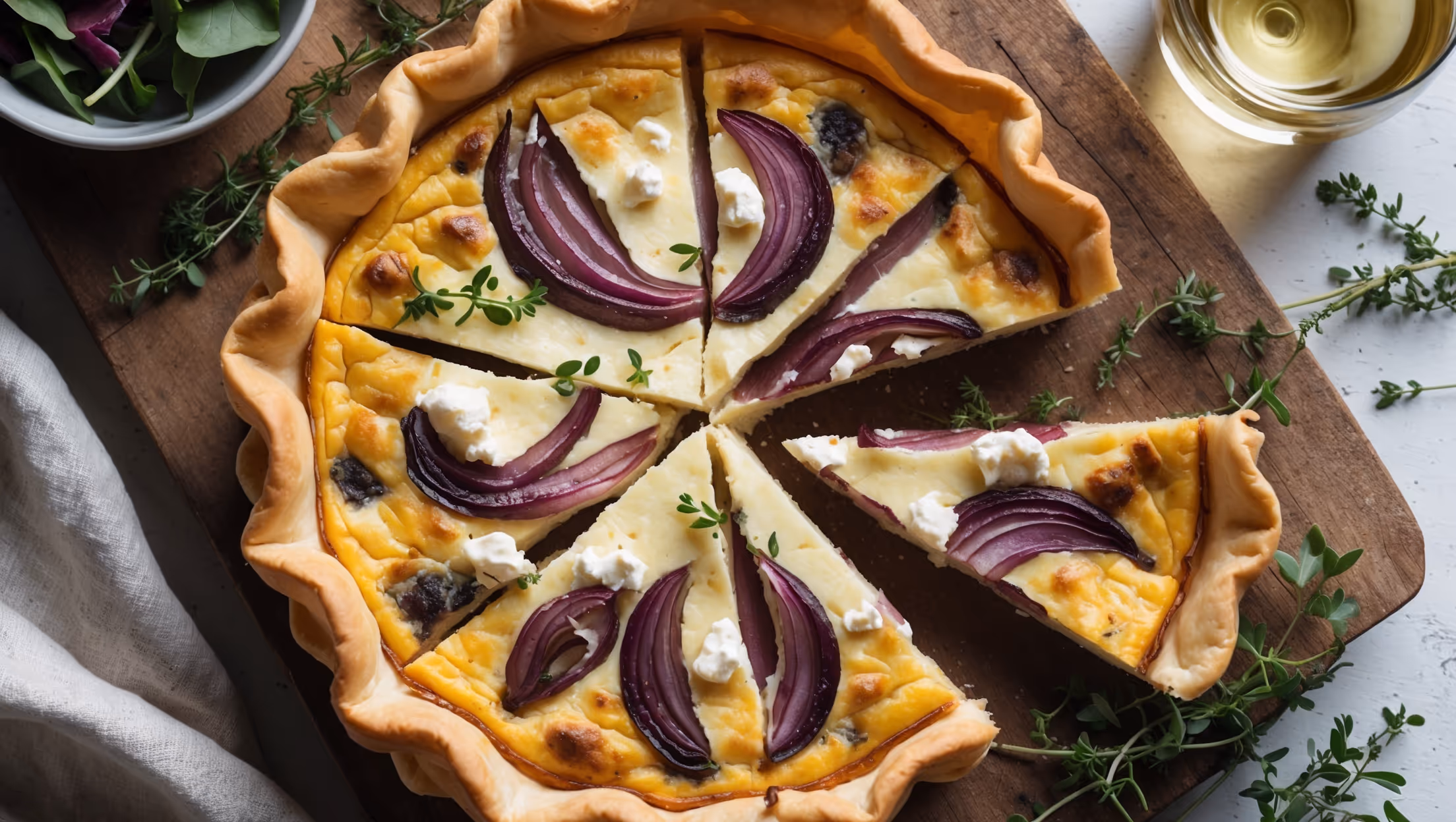 An overhead shot of a golden-brown quiche with a perfectly crimped edge, sliced to reveal its creamy interior studded with caramelized red onions and pockets of melted goat cheese. The quiche rests on a rustic wooden board with fresh thyme sprigs scattered around, captured in soft natural light that highlights the flaky layers of pastry. A small bowl of mixed greens and a glass of white wine sit alongside, complementing the rich, savory tones of the dish. The surface shows an appetizing golden crust with hints of the filling peeking through, showcasing the contrast between the crisp pastry and luscious filling.