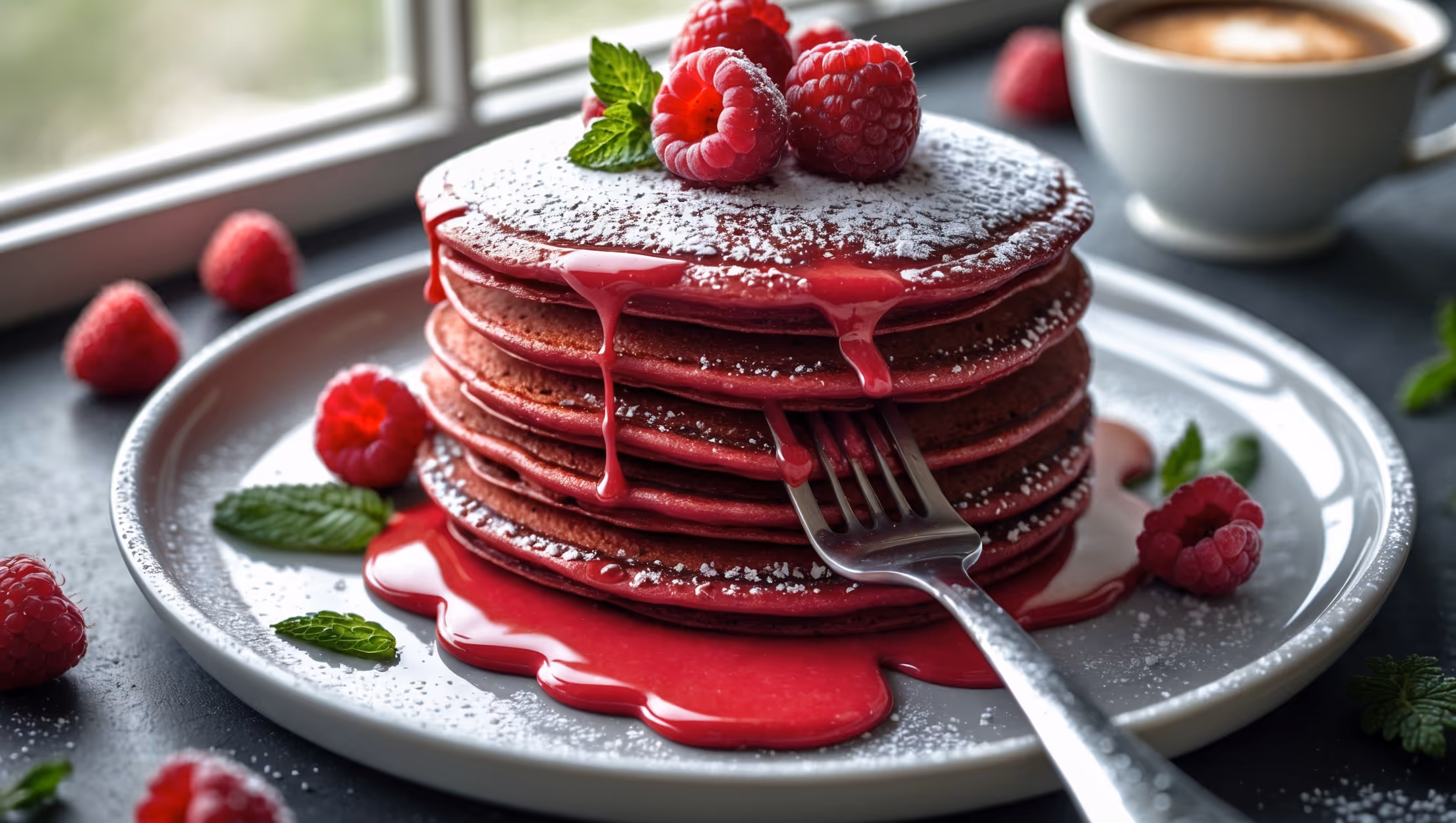 An overhead shot of a short stack of vibrant red pancakes on a white ceramic plate, dusted with powdered sugar that creates a snowy contrast against the deep crimson layers. A cream cheese drizzle cascades down the sides, pooling slightly at the base of the stack. The pancakes are photographed in soft morning light streaming through a window, highlighting their fluffy texture and slight cocoa tint. Fresh raspberries and mint leaves are artfully scattered around the plate, adding natural color accents. In the background, a small pitcher of additional cream cheese drizzle and a cup of steaming coffee sit slightly blurred, suggesting a complete breakfast experience. A fork rests against the plate, having just cut through the stack to reveal the moist, tender interior crumb.