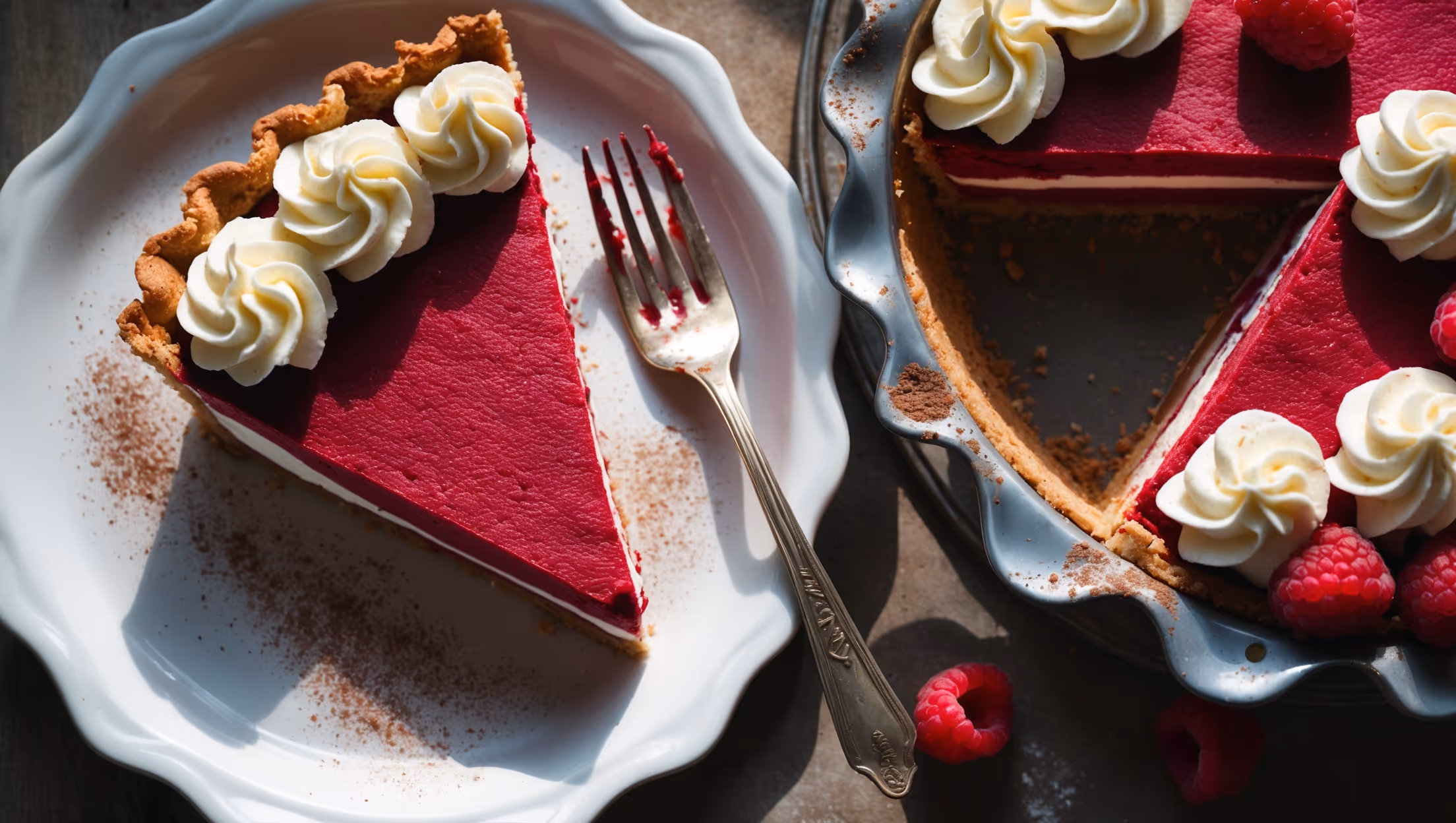 An overhead shot of a slice of Red Velvet Cream Pie on a white porcelain plate, showcasing the striking crimson red velvet filling against the golden graham cracker crust and crowned with swirls of cream cheese frosting. Soft natural light streams across the scene, highlighting the velvety texture of the filling and the delicate crumb of the crust. A vintage silver fork rests beside the slice, its tines marked with traces of the vibrant red filling. In the background, the remainder of the pie sits on a rustic wooden cake stand, dusted with a light sprinkle of cocoa powder and decorated with fresh raspberries scattered artfully around the edges.