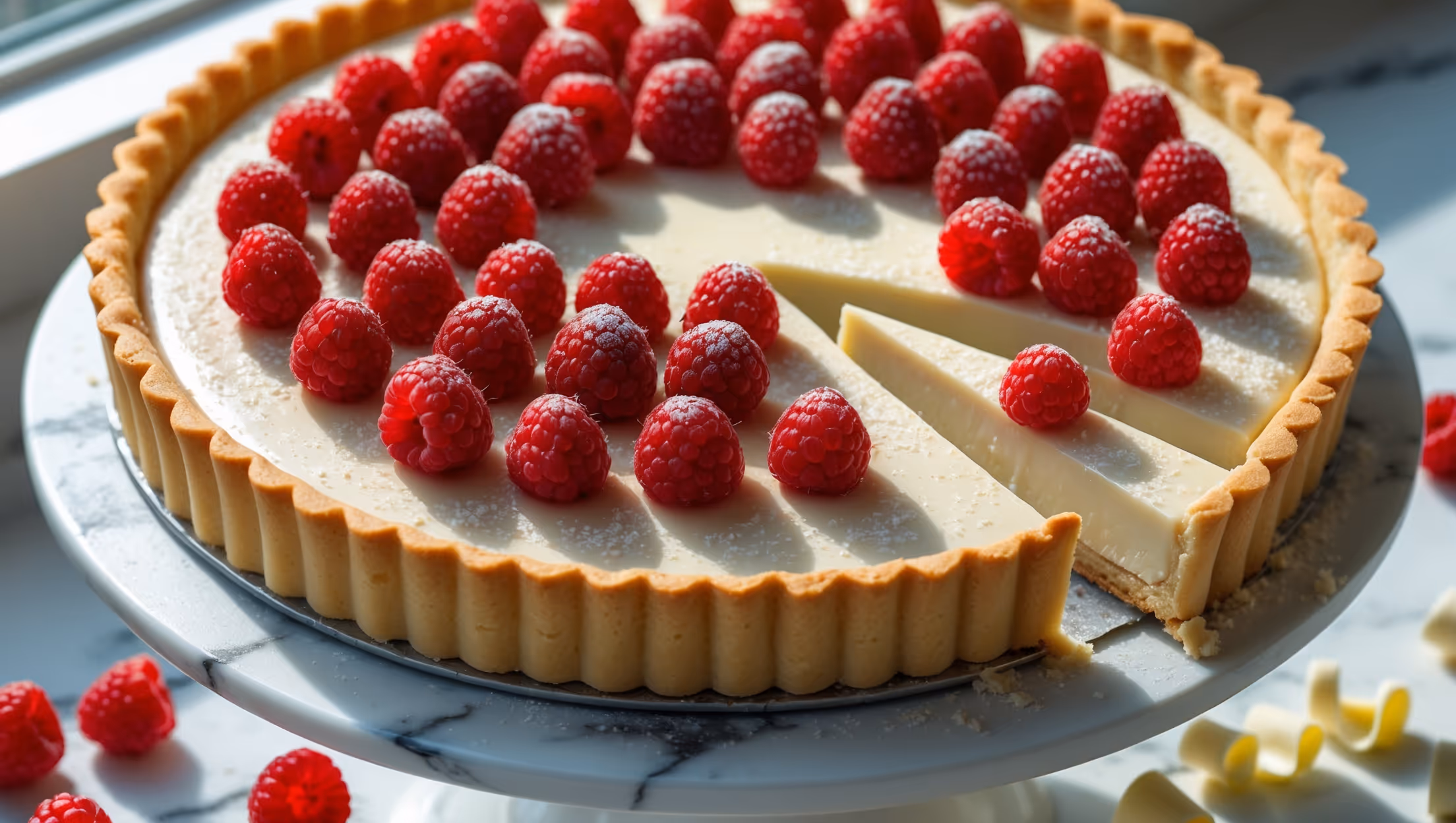 An overhead shot of a perfectly round tart with a golden brown shortcrust edge surrounding a smooth, ivory white chocolate filling. Fresh raspberries are artfully arranged in concentric circles on top, their vibrant red creating stunning contrast against the creamy base. A light dusting of icing sugar highlights the berries, catching the soft natural light streaming in from a nearby window. The tart is presented on a white ceramic cake stand over a marble surface, with a few scattered fresh raspberries and white chocolate curls surrounding the base. A slice has been removed, revealing the firm yet silky texture of the white chocolate filling against the crisp, buttery crust.