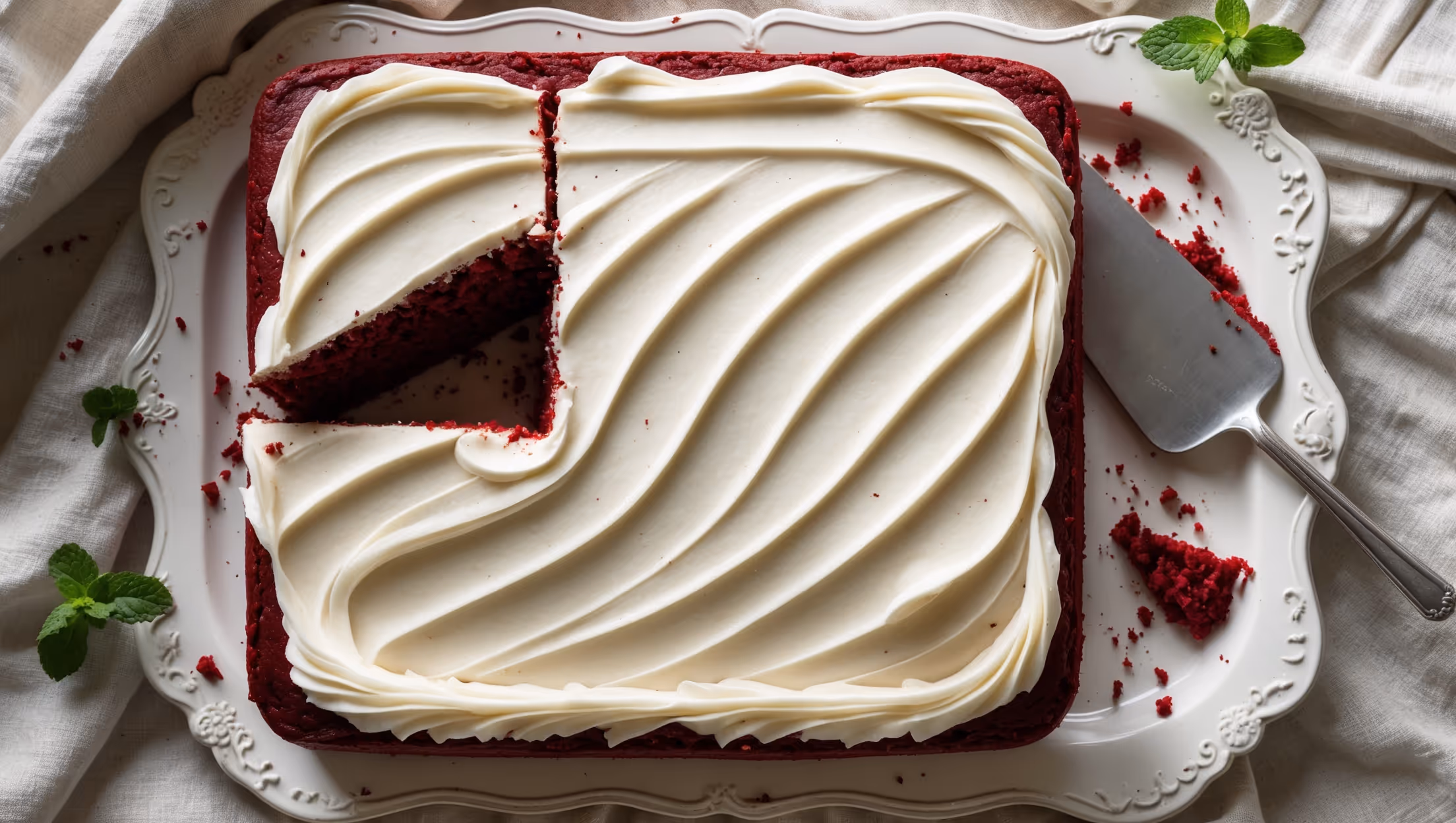 An overhead shot of a perfectly rectangular red velvet sheet cake with smooth cream cheese frosting swirled in elegant patterns across the top. The vibrant red cake peeks through where a slice has been removed, revealing its moist, tender crumb. Natural light streams across the scene, highlighting the contrast between the crimson cake and stark white frosting. Scattered red velvet crumbs and a silver cake server rest alongside the cake, which is presented on a vintage white ceramic platter against a neutral linen tablecloth. Small sprigs of fresh mint add pops of green color contrast, while the cake's distinctive cocoa-tinted red hue appears rich and inviting.