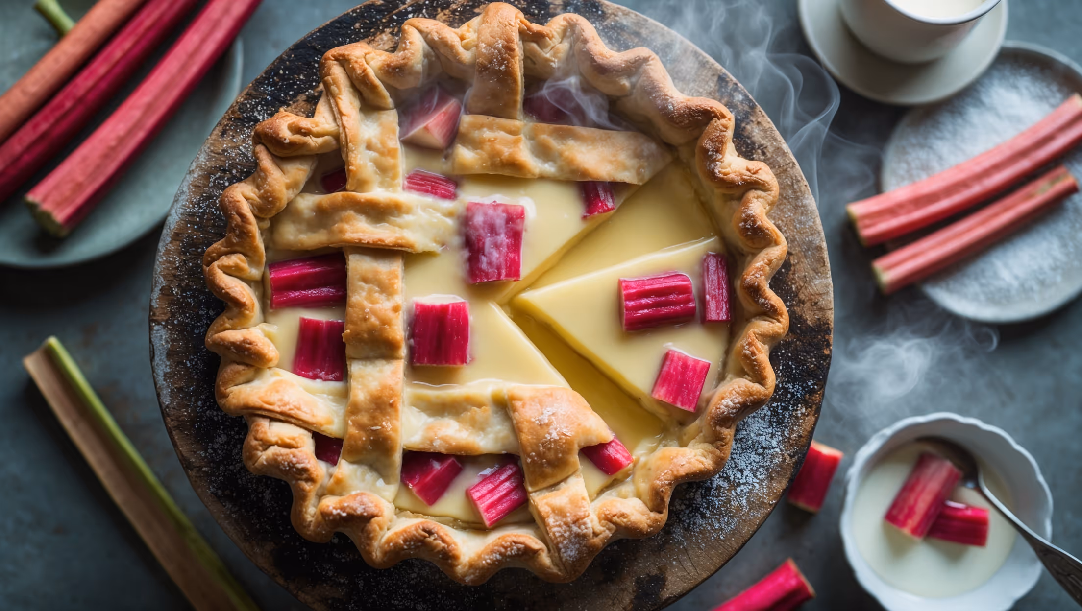 An overhead shot of a rustic rhubarb custard pie with a golden lattice crust, showcasing vibrant pink rhubarb peeking through the custard layer. The pie rests on a weathered wooden cake stand, bathed in soft natural light that highlights the flaky texture of the pastry and the smooth, set custard beneath. Steam rises gently from a freshly cut slice revealing distinct layers—the crisp base, creamy yellow custard studded with tender pink rhubarb pieces. Scattered fresh rhubarb stalks and a small pitcher of cream sit nearby, while a dusting of powdered sugar adds a delicate finishing touch that contrasts with the naturally tart filling.