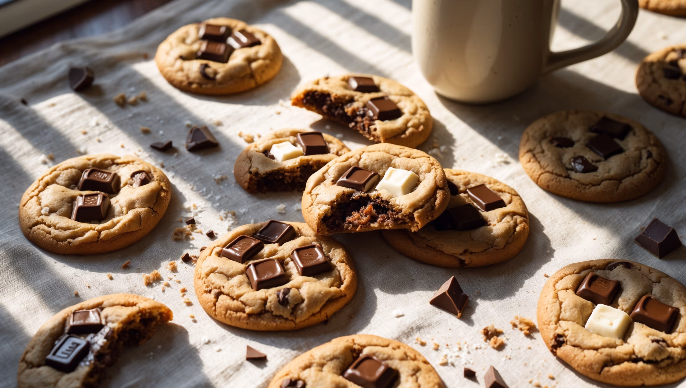 An overhead shot of rustic chocolate chip cookies arranged in a casual scatter pattern on a textured linen napkin, with some cookies broken in half to showcase their perfect texture—crispy edges with chewy centers studded with varied chocolate pieces. The lighting is warm afternoon sunlight streaming through a kitchen window, creating appetizing shadows that highlight the cookies' uneven surfaces and melty chocolate chunks. A ceramic mug of milk sits slightly blurred in the background, while scattered chocolate chunks, flaky sea salt crystals, and a few cookie crumbs create an authentic, just-baked feel. The varying chocolate types are clearly visible—some dark and glossy, others milky brown, and some with a white chocolate sheen—illustrating the recipe's signature chocolate variation technique.