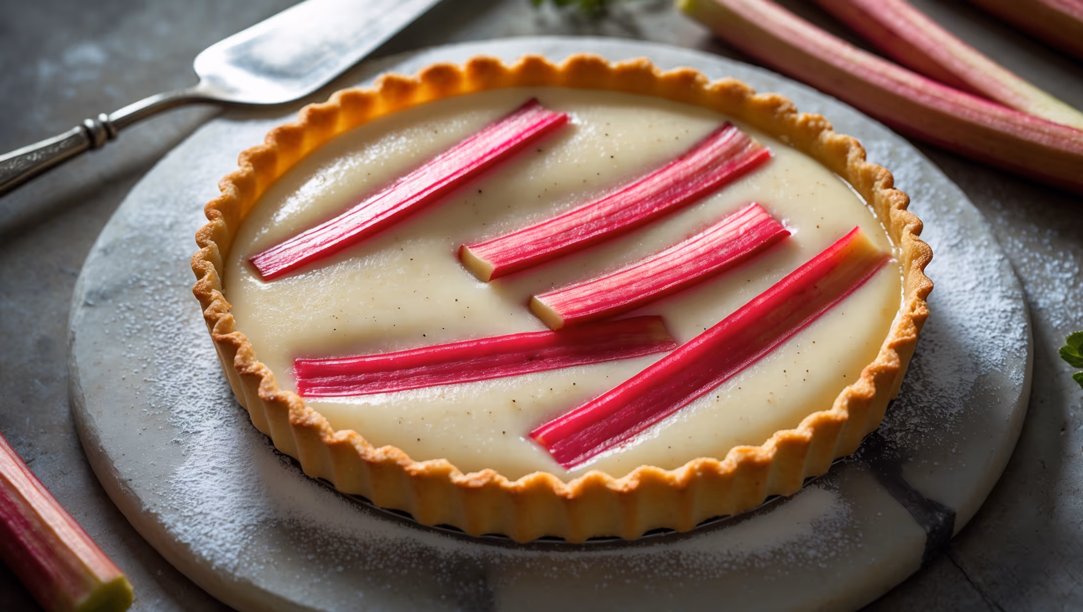 An overhead shot captures a golden-edged rhubarb custard tart resting on a weathered marble pastry board, its surface adorned with elegant pink rhubarb ribbons that peek through the vanilla-flecked custard. Soft, diffused natural light highlights the contrast between the crisp, buttery pastry edge and the just-set custard filling with its gentle wobble. A cross-section reveals perfect layers: the crumbly shortcrust base, creamy vanilla-speckled custard, and vibrant rhubarb pieces. In the background, a vintage silver cake server and scattered fresh rhubarb stalks create a rustic spring tableau, while a light dusting of powdered sugar catches the light.