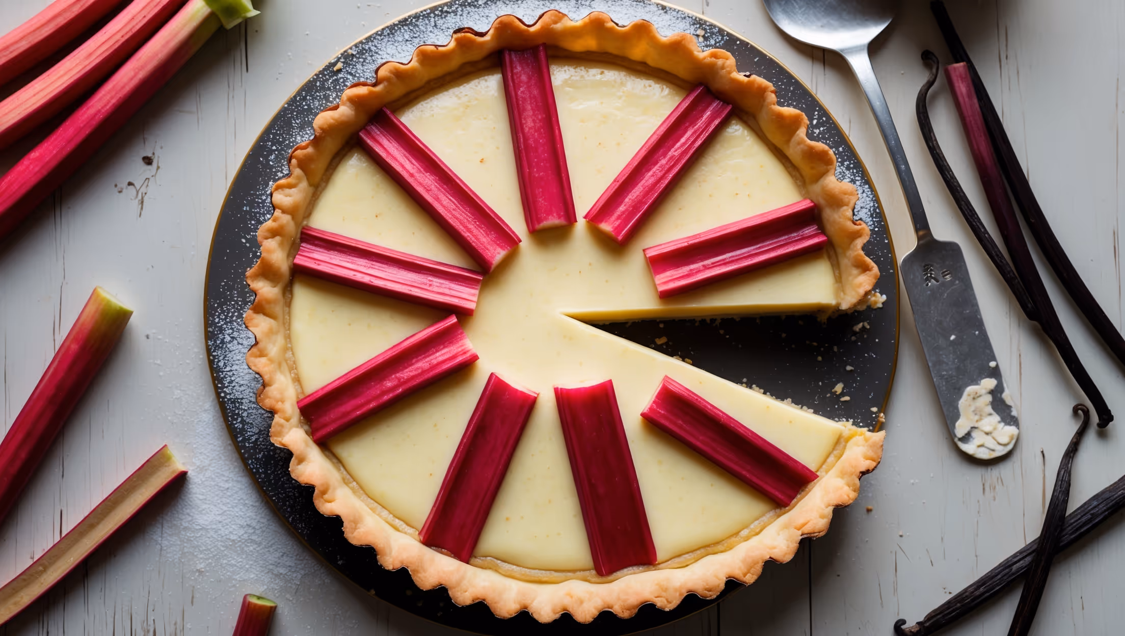 Overhead shot of a golden-edged tart with vibrant pink rhubarb batons arranged in a geometric pattern atop creamy yellow custard. The cross-section reveals three distinct layers: a crisp, butter-rich pastry base, a silky vanilla-speckled custard center, and glossy rhubarb pieces on top. Captured in soft natural light on a weathered wooden table, with scattered fresh rhubarb stalks and vanilla pods artfully arranged alongside. A light dusting of powdered sugar provides delicate contrast against the crimson rhubarb, while a vintage cake server rests beside a perfectly cut slice revealing the custard's luscious texture.