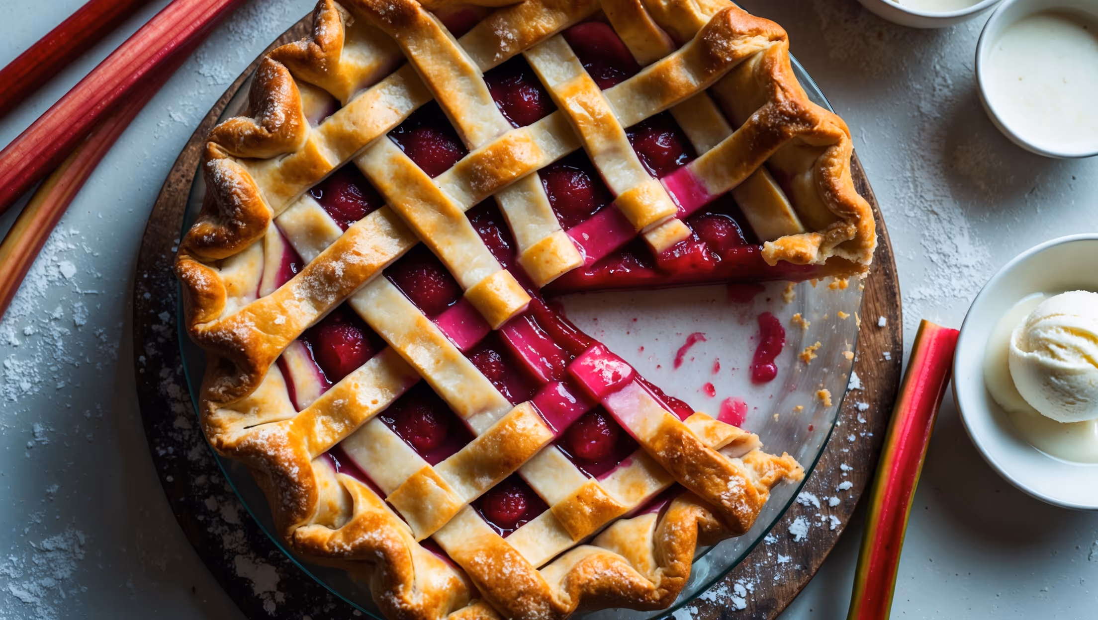 An overhead shot of a golden-brown rhubarb pie with a beautifully latticed top crust, revealing glossy ruby-red filling bubbling through the gaps. A slice has been removed, showcasing the perfect layers of flaky pastry and jewel-toned filling that holds its shape without being runny. The pie rests on a weathered wooden board dusted with flour, with fresh rhubarb stalks and a small bowl of vanilla ice cream melting slightly alongside. The scene is bathed in soft natural light streaming through a kitchen window, highlighting the sugar crystals sparkling on the crust and the vivid pink-red hues of the filling.